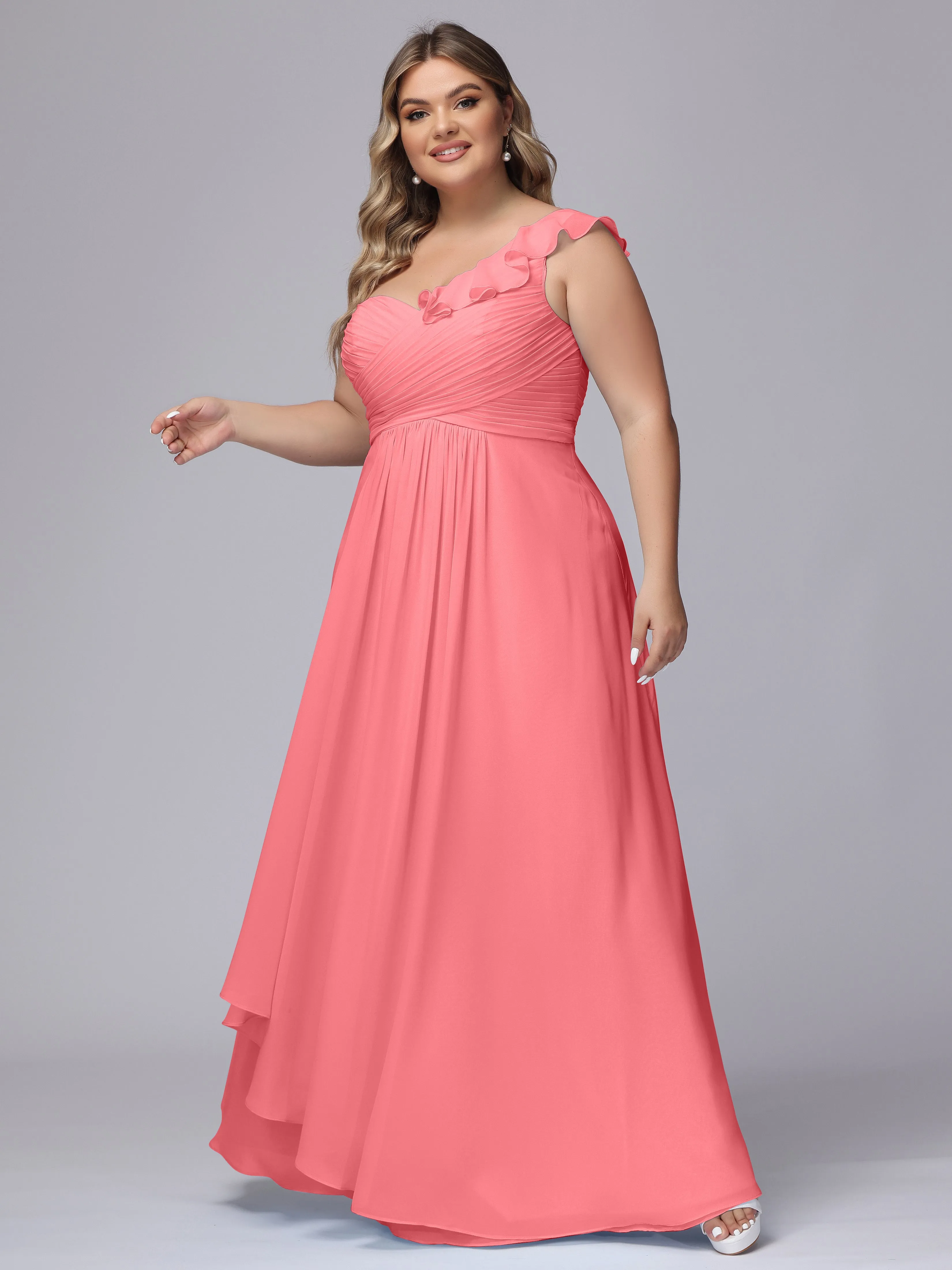 Flowy One-Shoulder Ruffles Chiffon Plus Size Bridesmaid Dresses