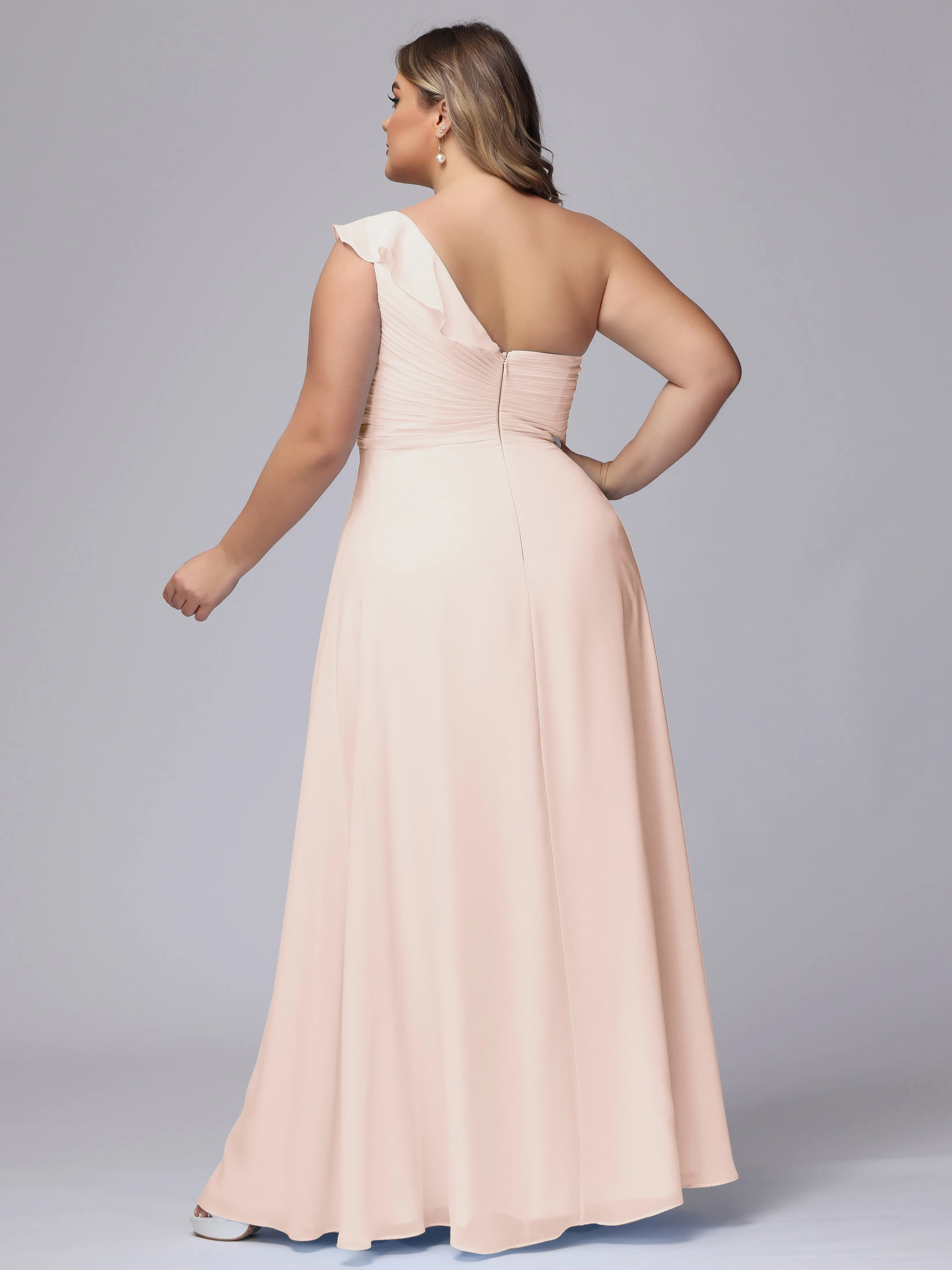 Flowy One-Shoulder Ruffles Chiffon Plus Size Bridesmaid Dresses