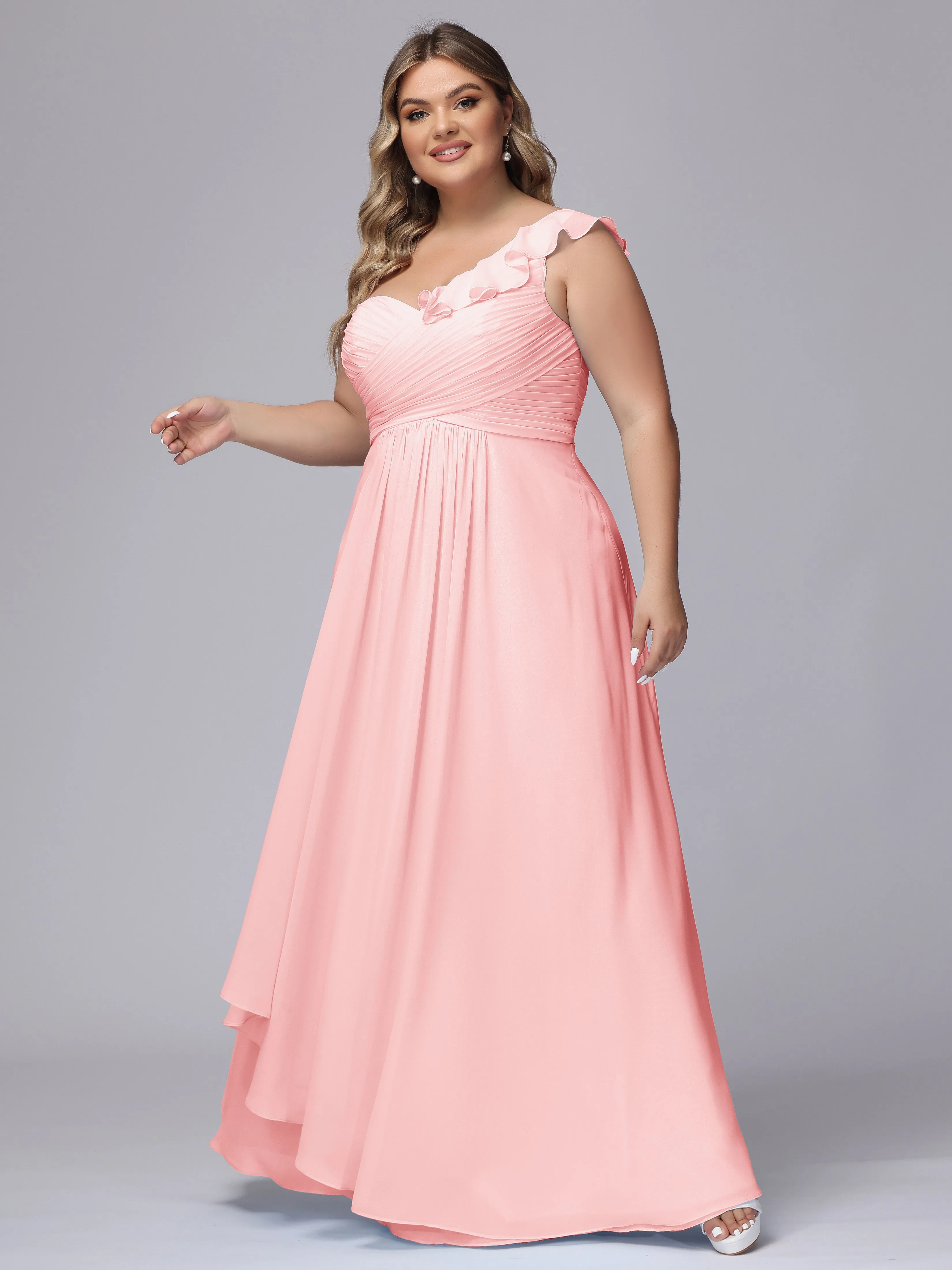 Flowy One-Shoulder Ruffles Chiffon Plus Size Bridesmaid Dresses