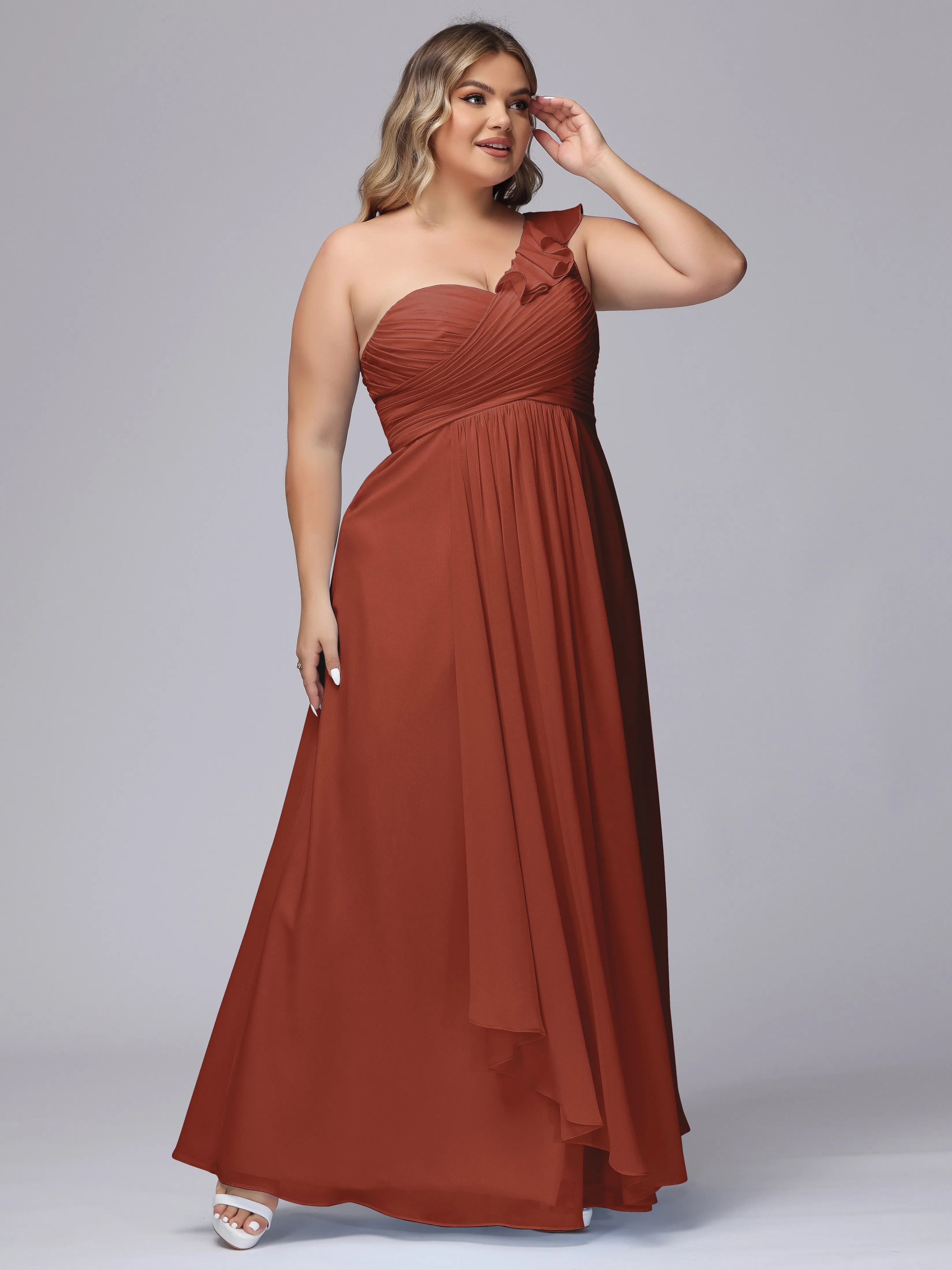 Flowy One-Shoulder Ruffles Chiffon Plus Size Bridesmaid Dresses