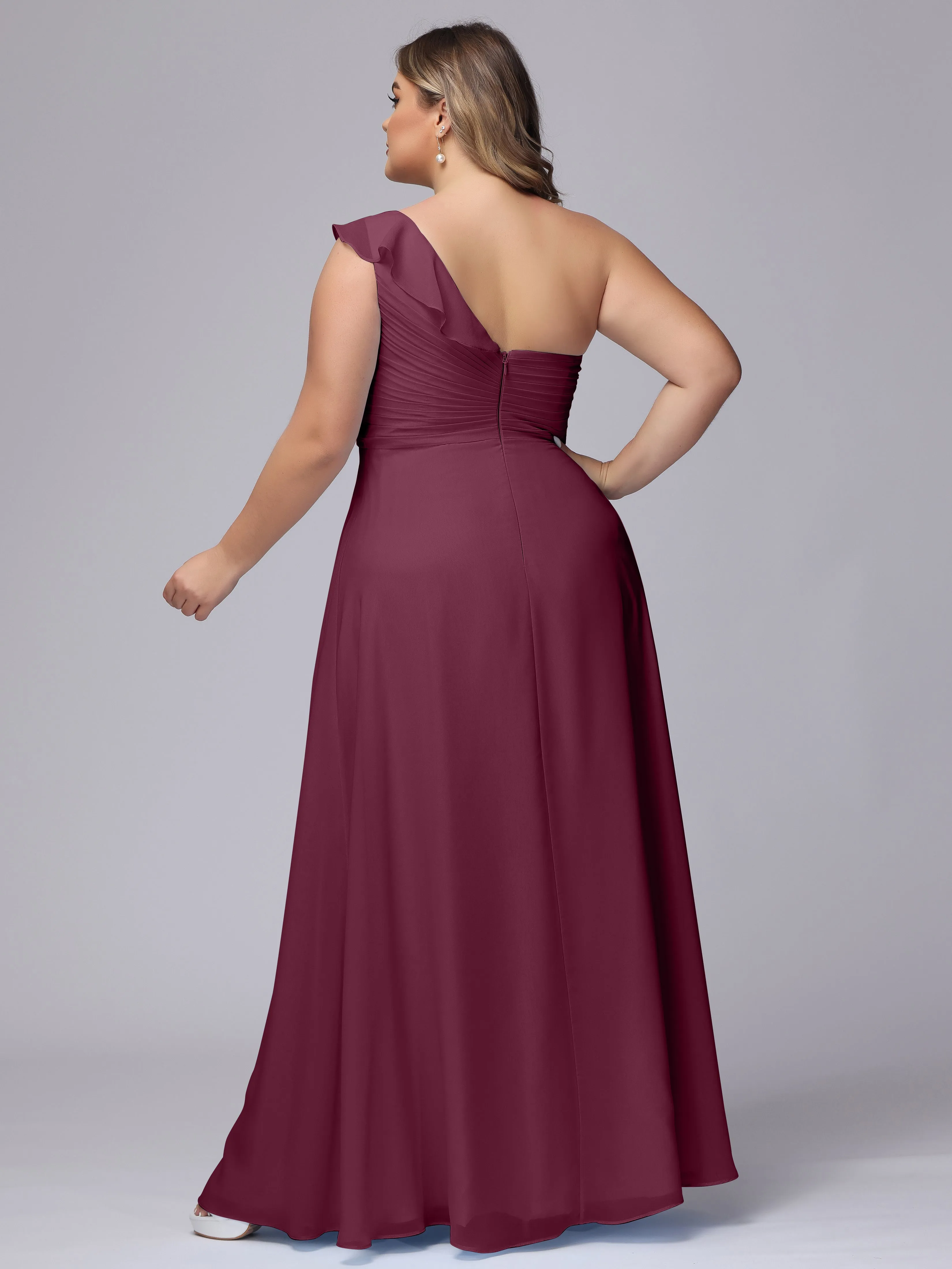 Flowy One-Shoulder Ruffles Chiffon Plus Size Bridesmaid Dresses