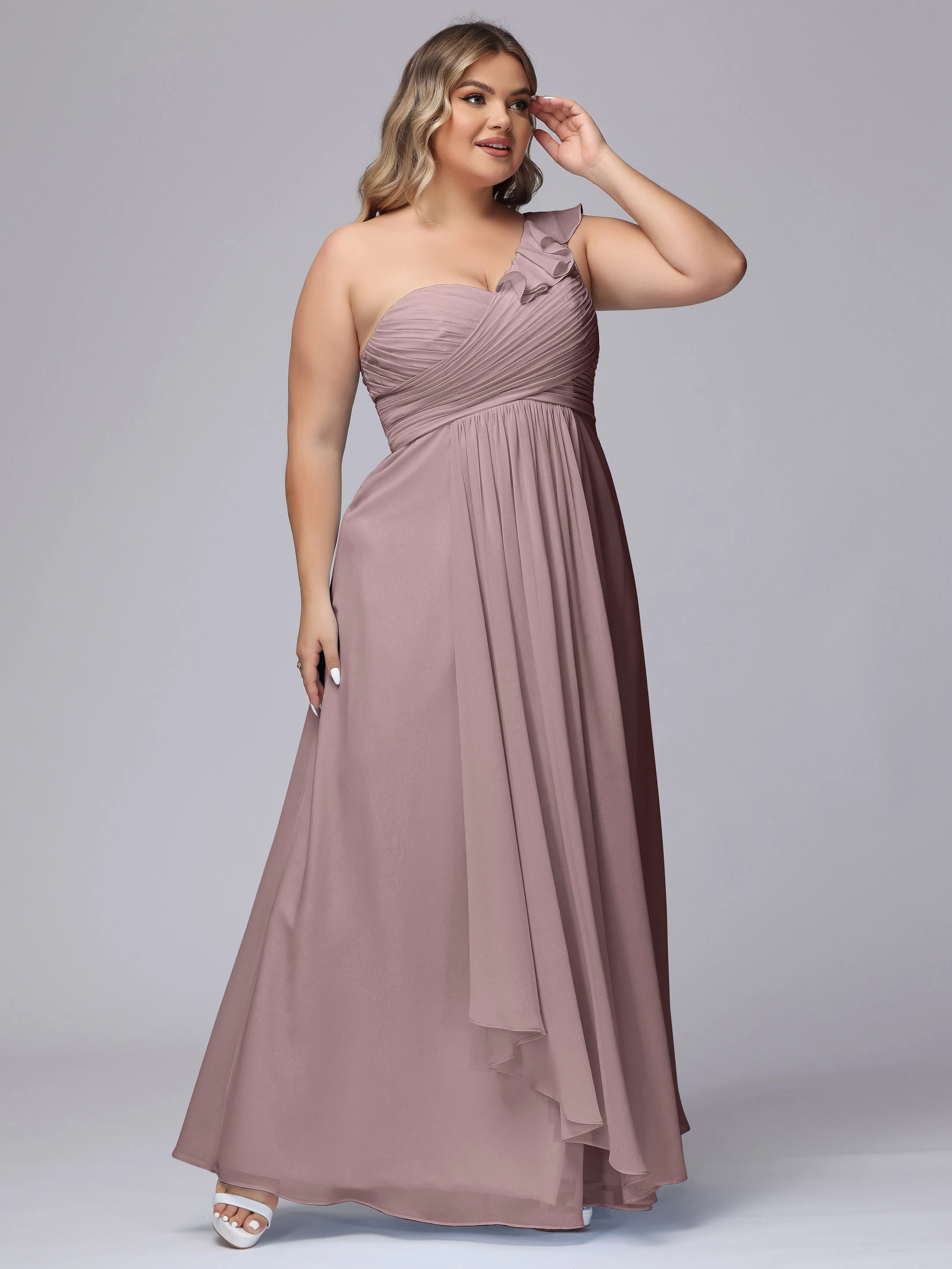 Flowy One-Shoulder Ruffles Chiffon Plus Size Bridesmaid Dresses