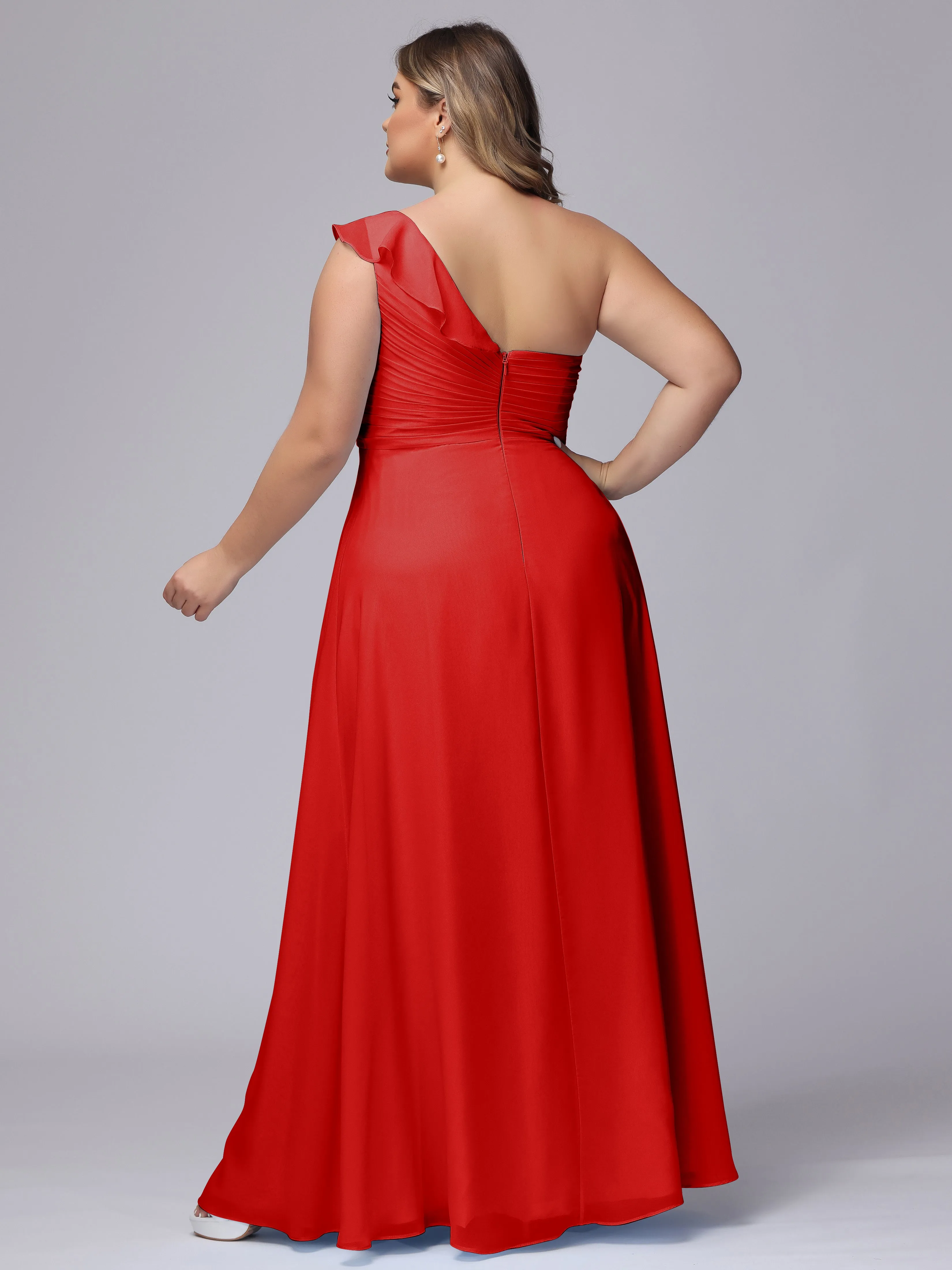 Flowy One-Shoulder Ruffles Chiffon Plus Size Bridesmaid Dresses