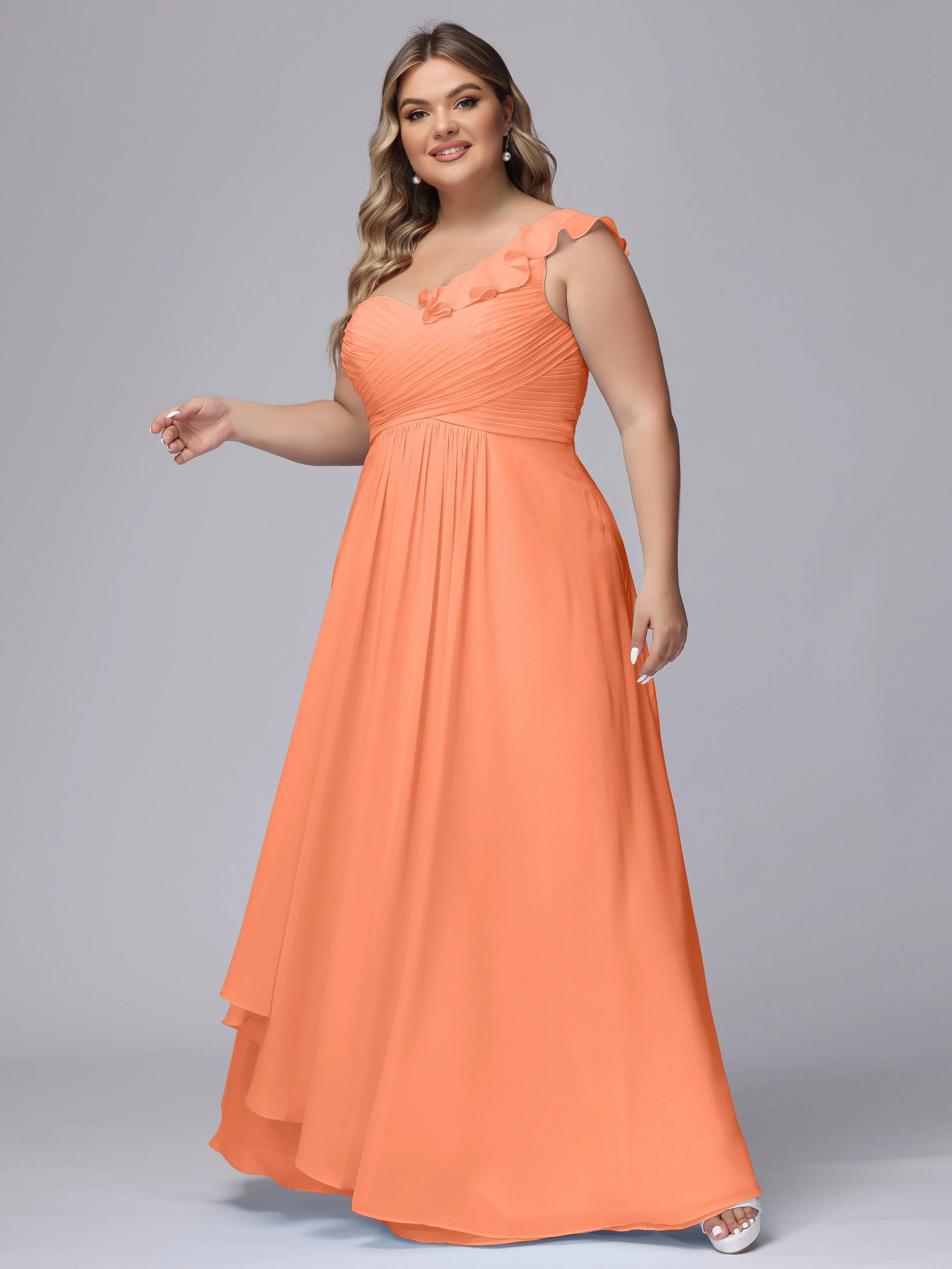 Flowy One-Shoulder Ruffles Chiffon Plus Size Bridesmaid Dresses