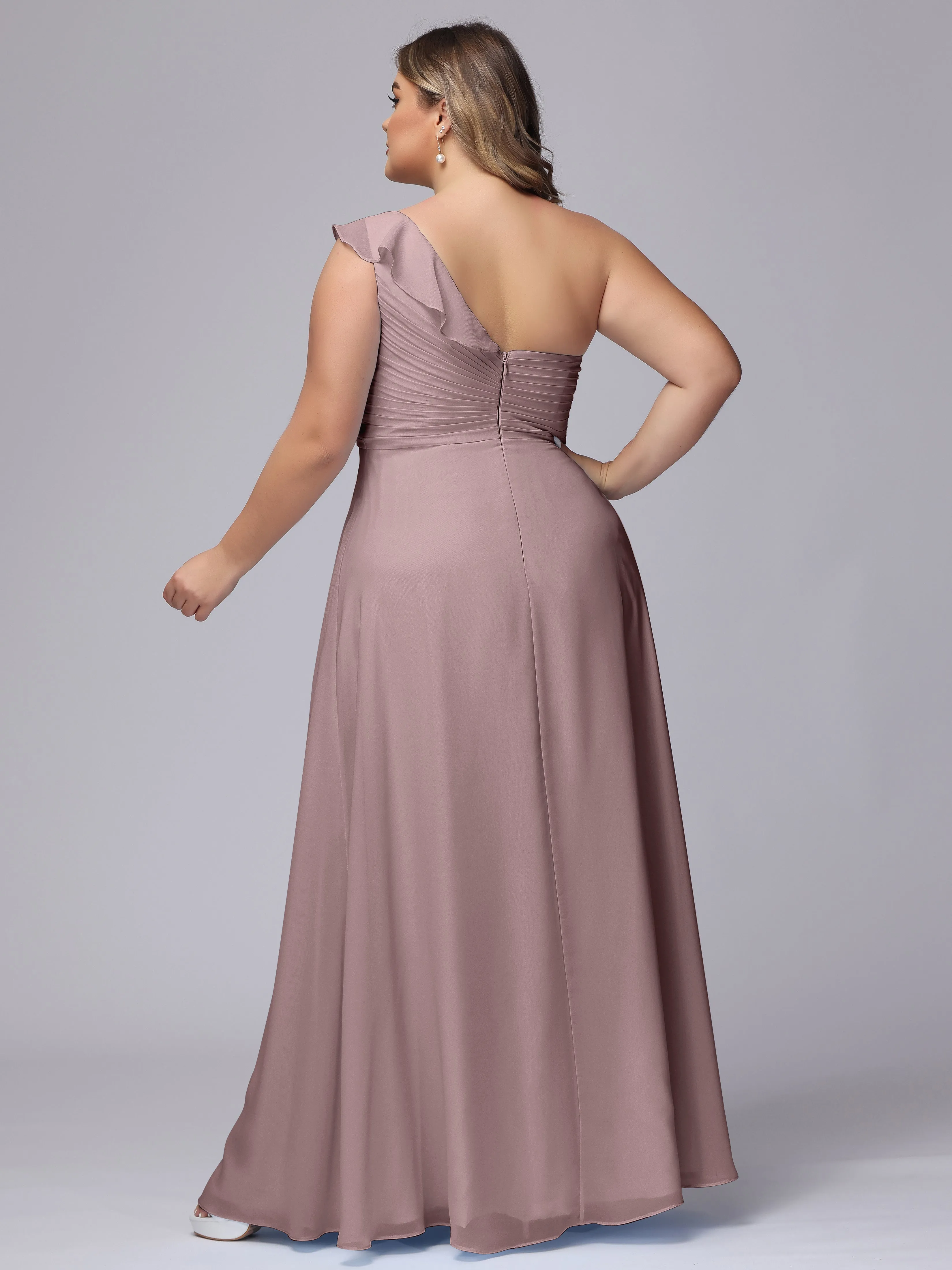 Flowy One-Shoulder Ruffles Chiffon Plus Size Bridesmaid Dresses