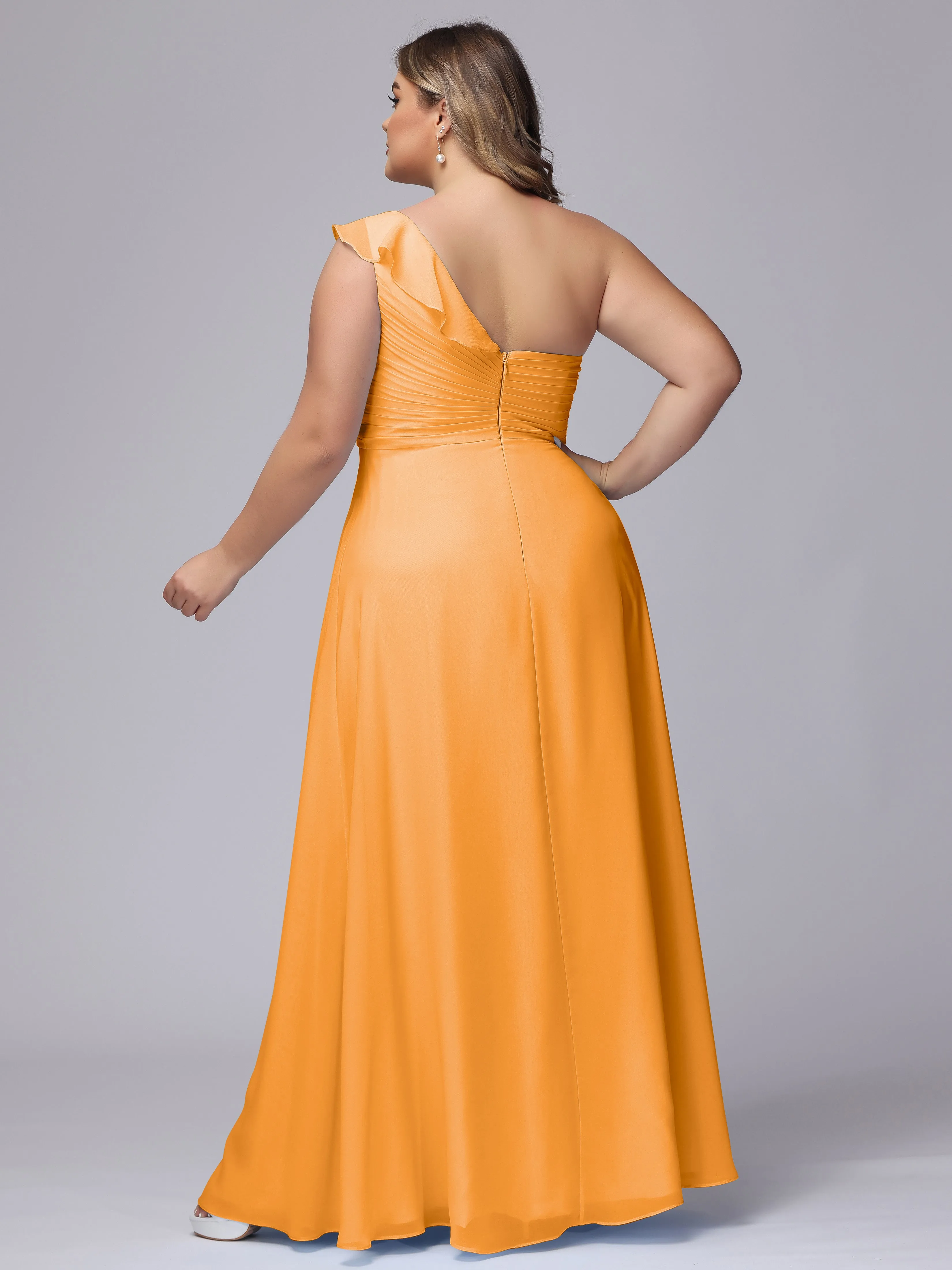 Flowy One-Shoulder Ruffles Chiffon Plus Size Bridesmaid Dresses