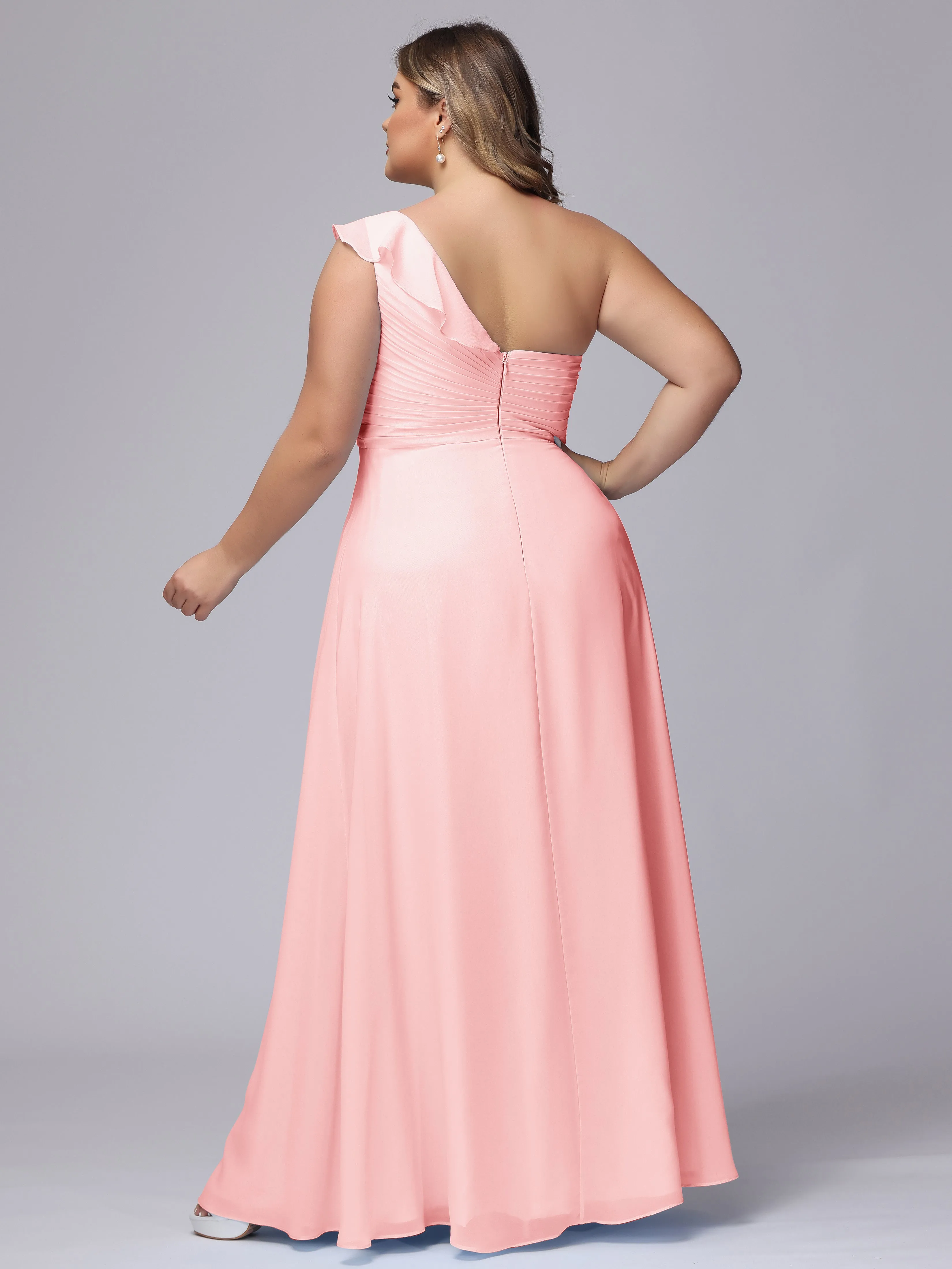 Flowy One-Shoulder Ruffles Chiffon Plus Size Bridesmaid Dresses