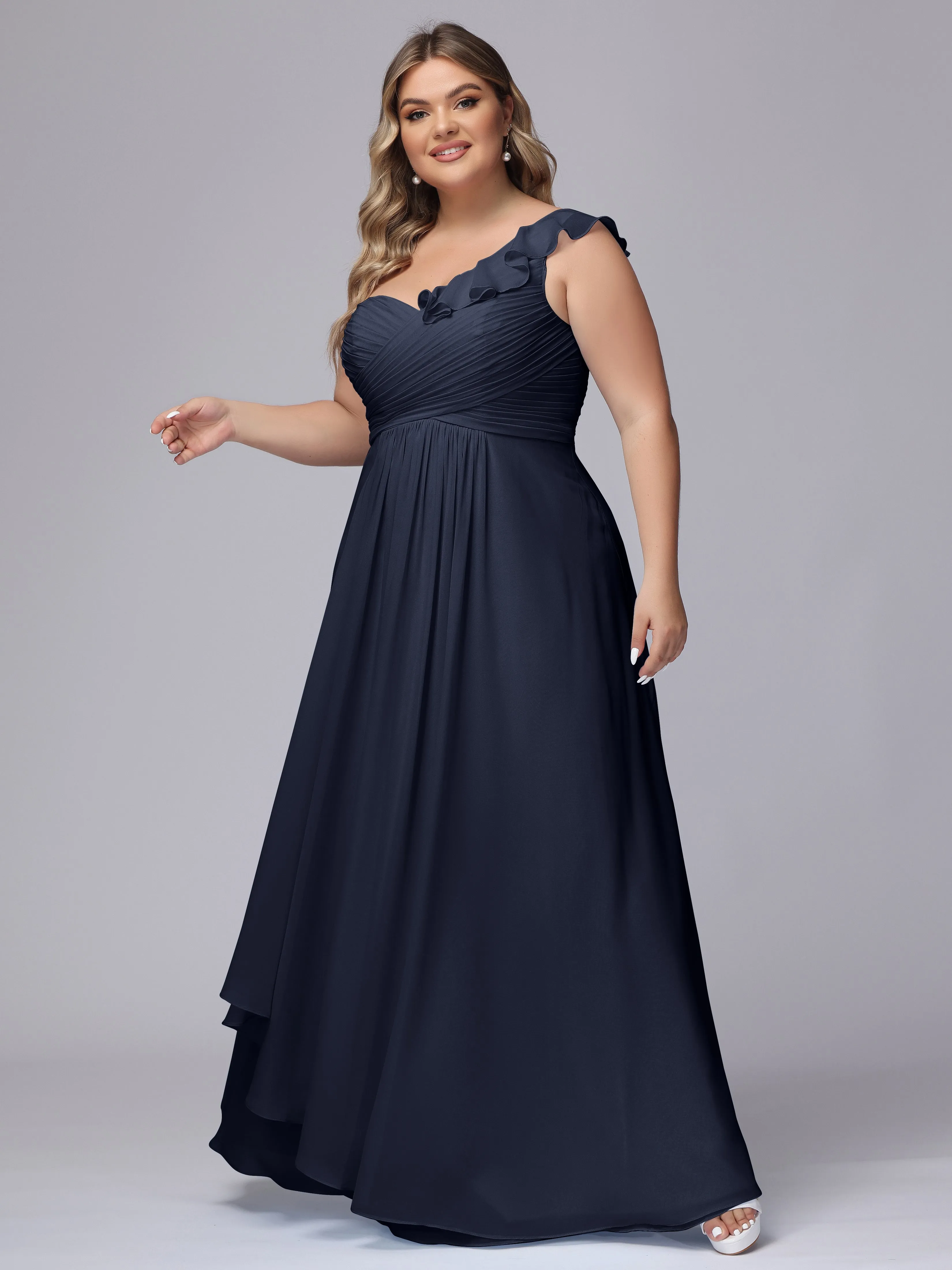 Flowy One-Shoulder Ruffles Chiffon Plus Size Bridesmaid Dresses