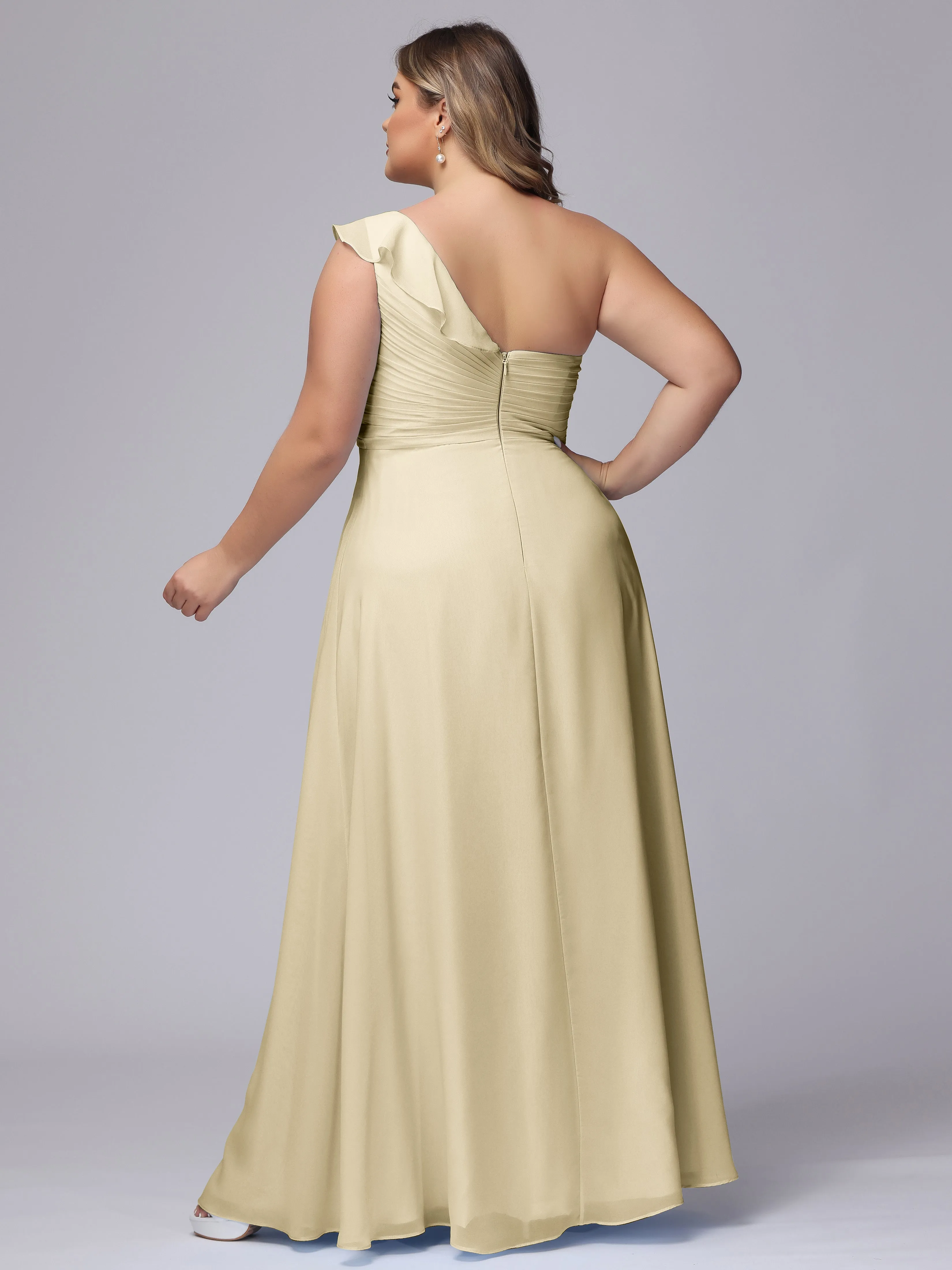 Flowy One-Shoulder Ruffles Chiffon Plus Size Bridesmaid Dresses