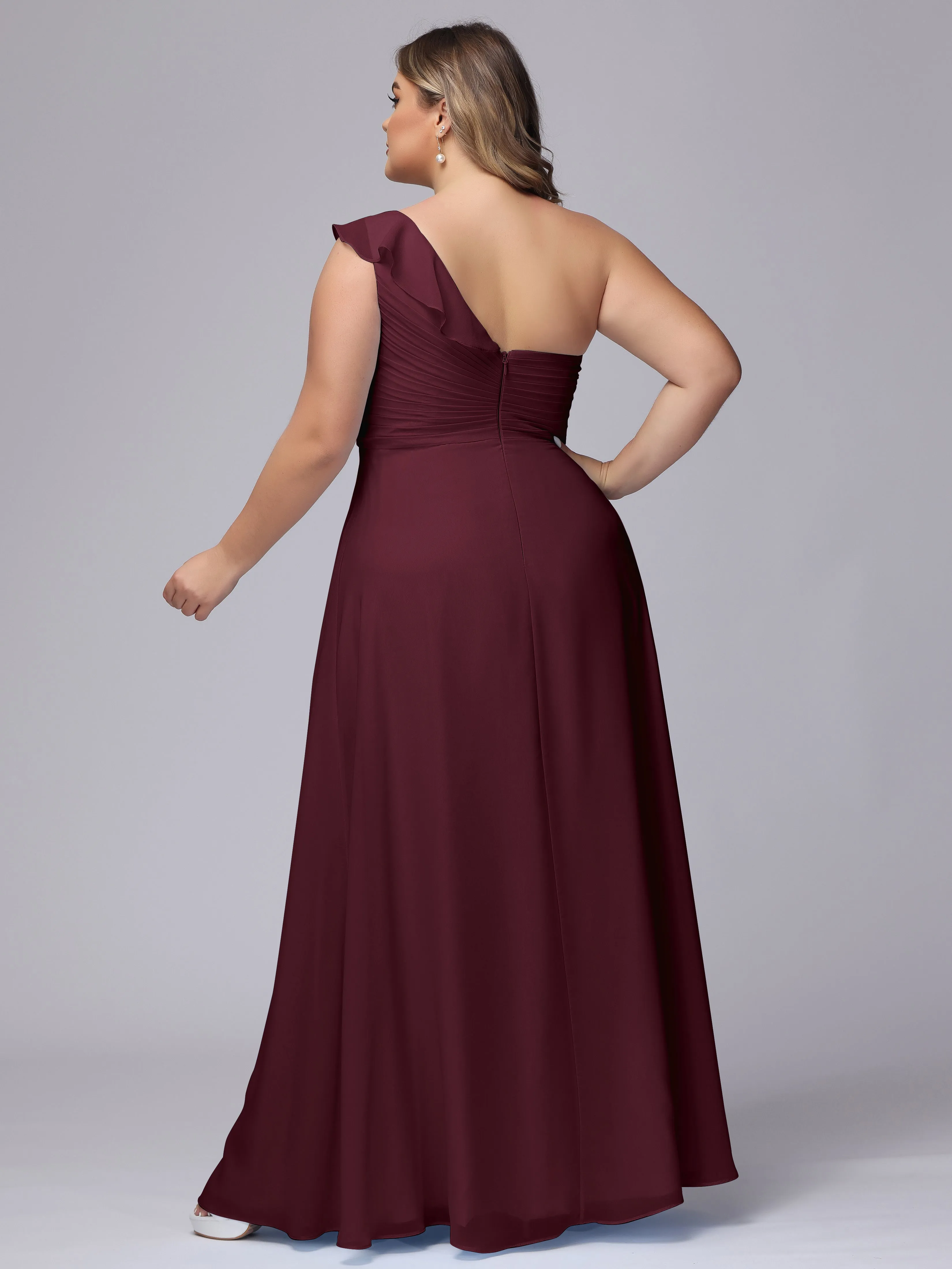 Flowy One-Shoulder Ruffles Chiffon Plus Size Bridesmaid Dresses