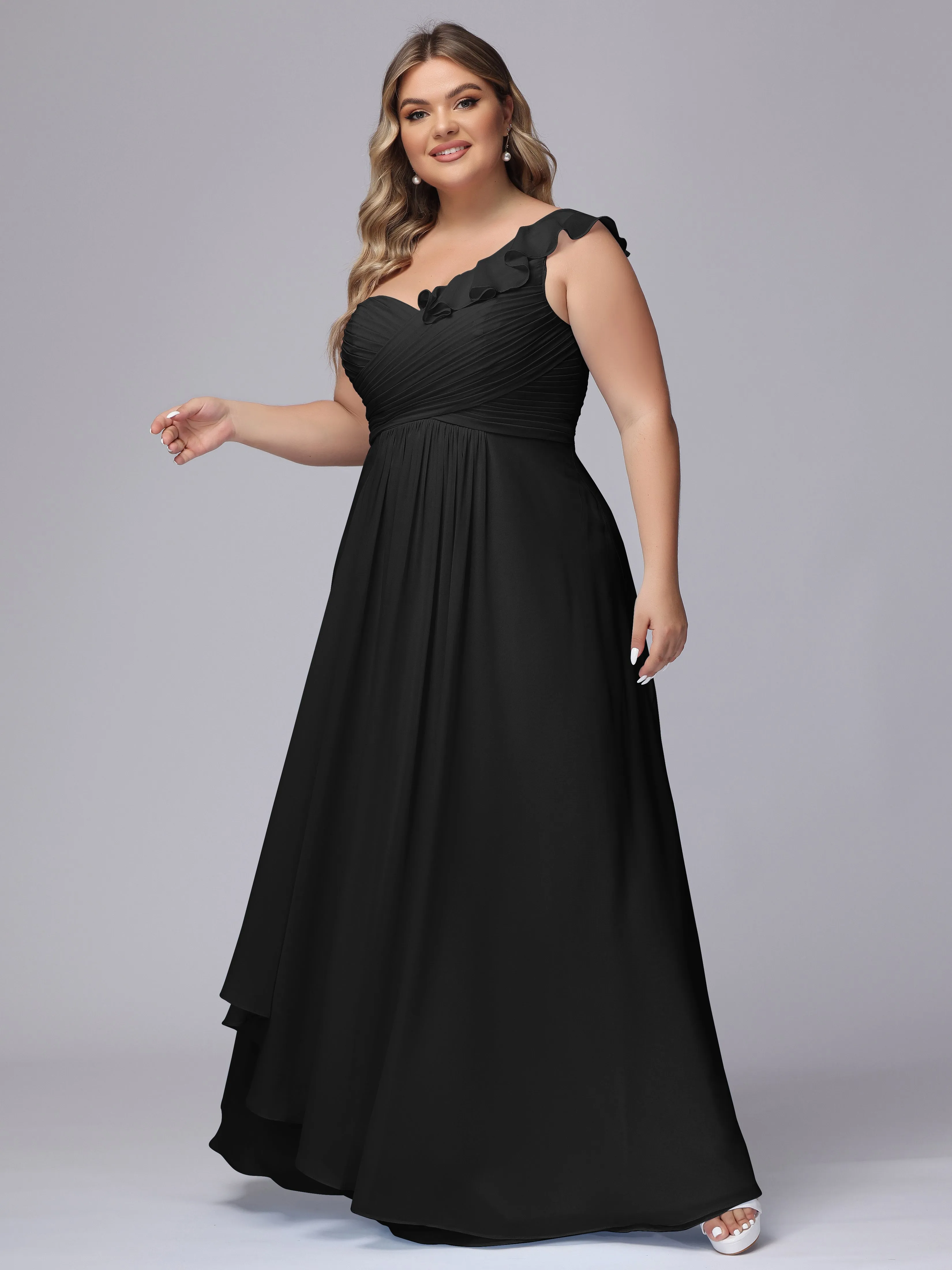 Flowy One-Shoulder Ruffles Chiffon Plus Size Bridesmaid Dresses