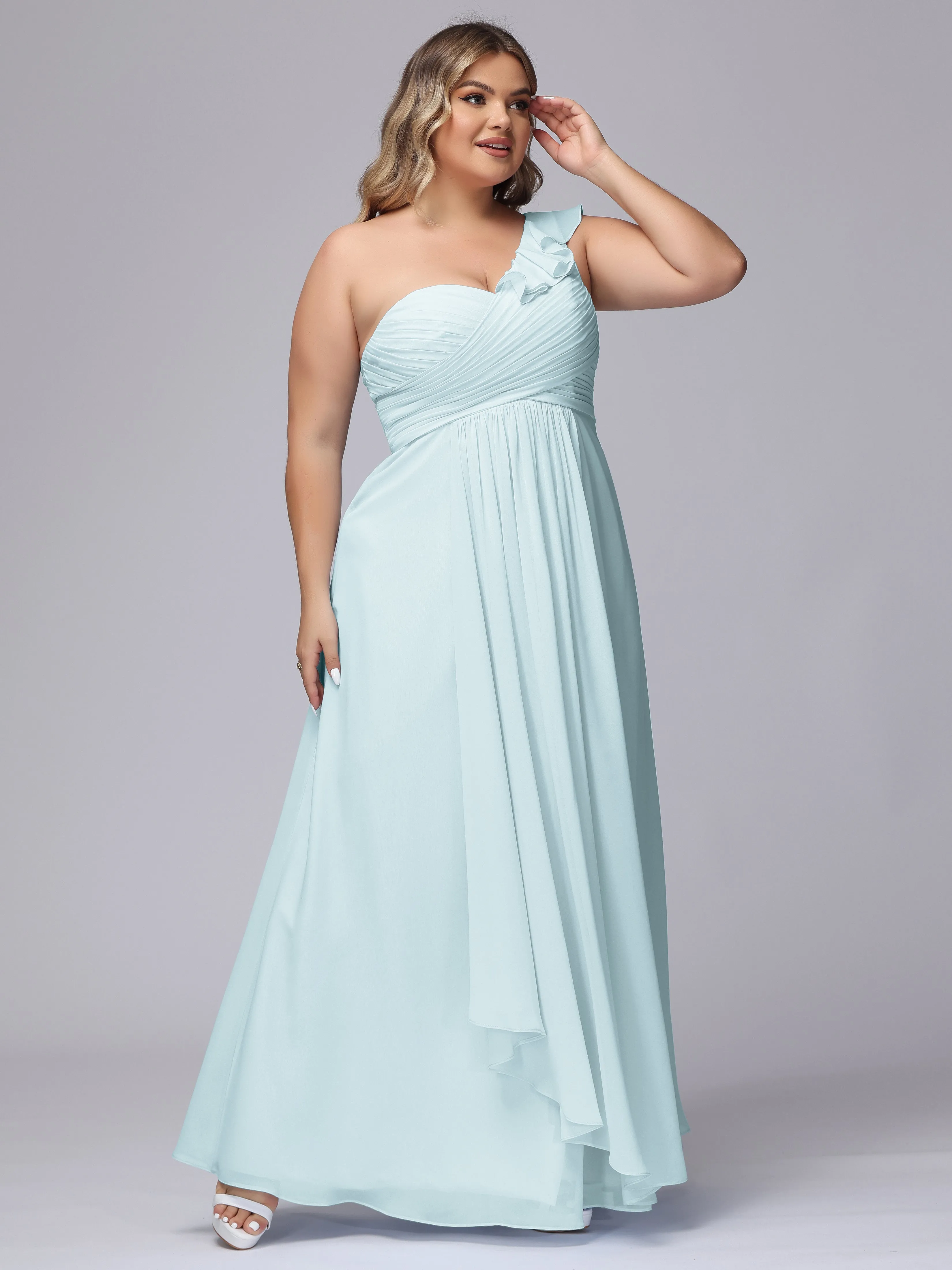 Flowy One-Shoulder Ruffles Chiffon Plus Size Bridesmaid Dresses