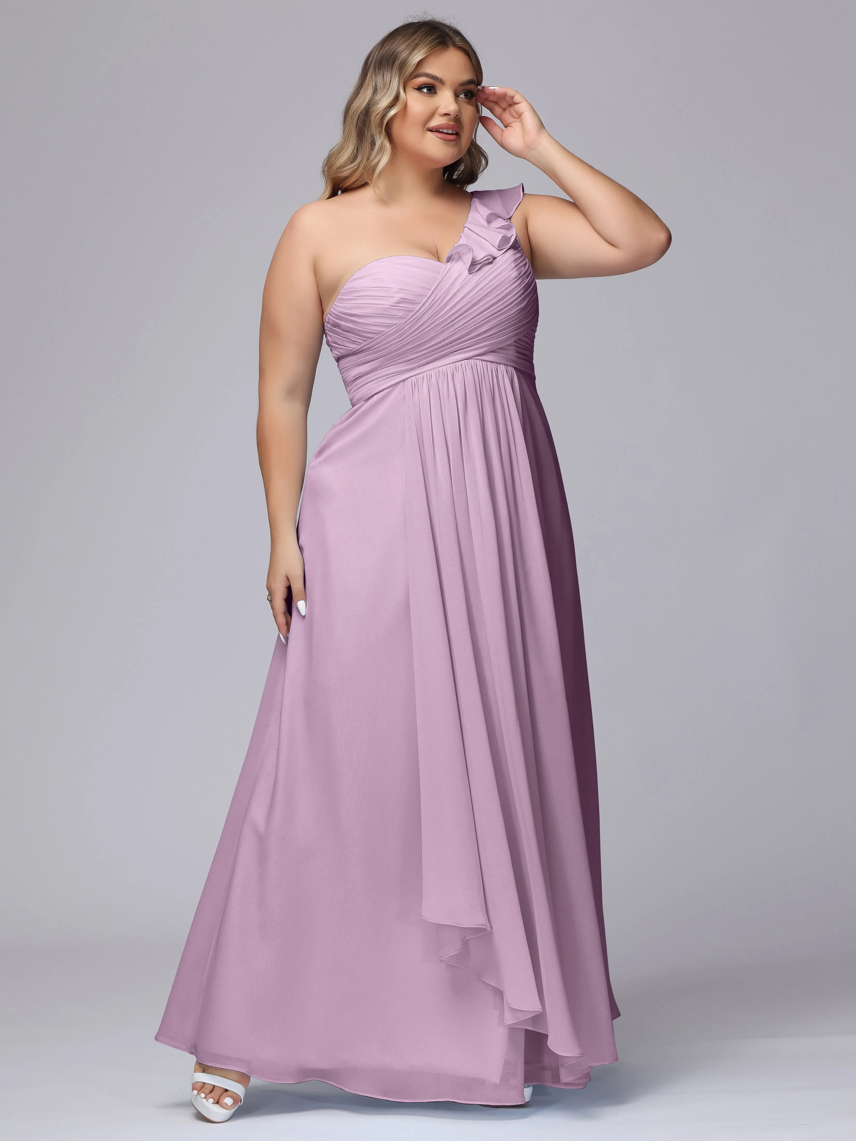 Flowy One-Shoulder Ruffles Chiffon Plus Size Bridesmaid Dresses