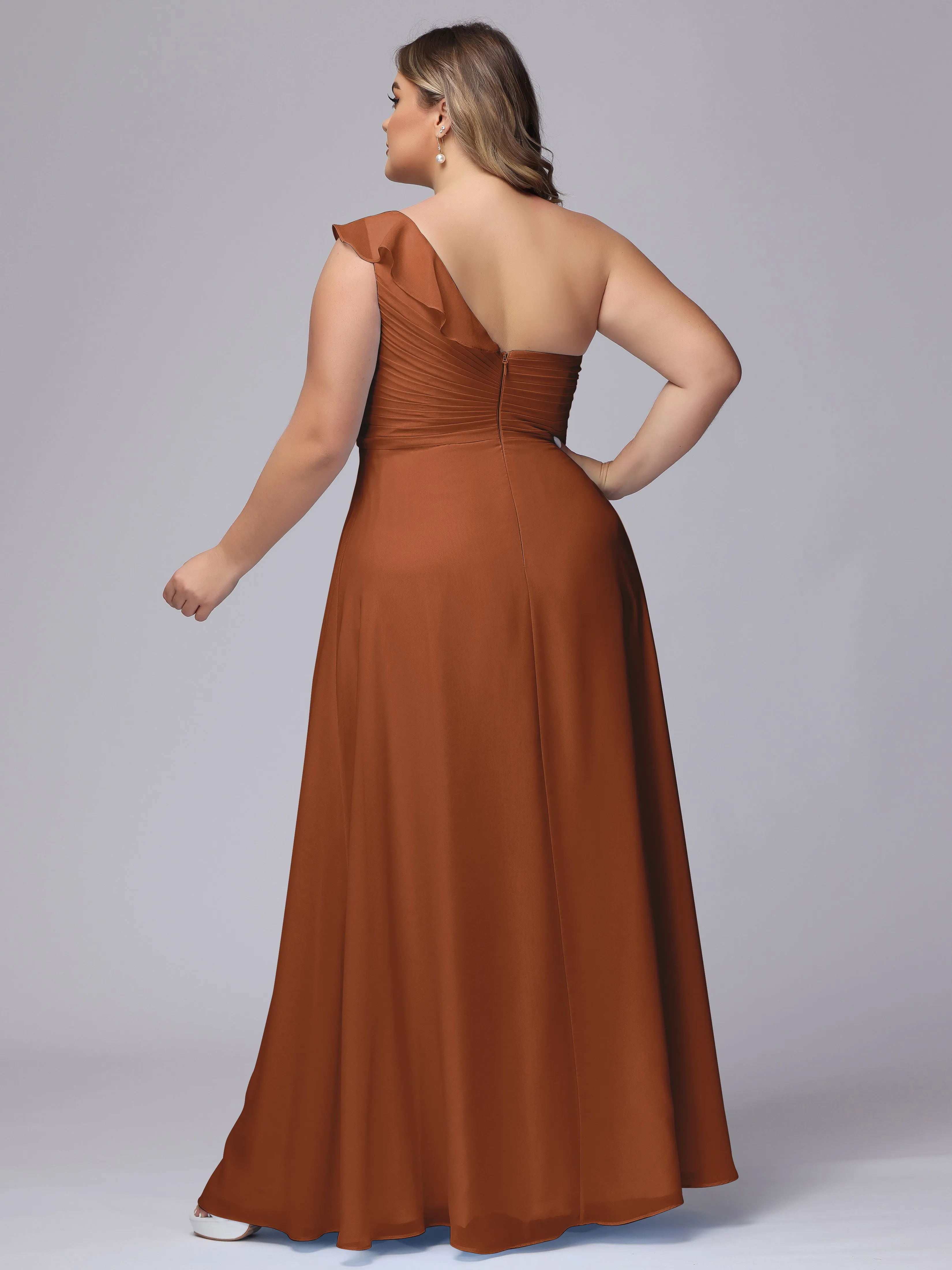 Flowy One-Shoulder Ruffles Chiffon Plus Size Bridesmaid Dresses