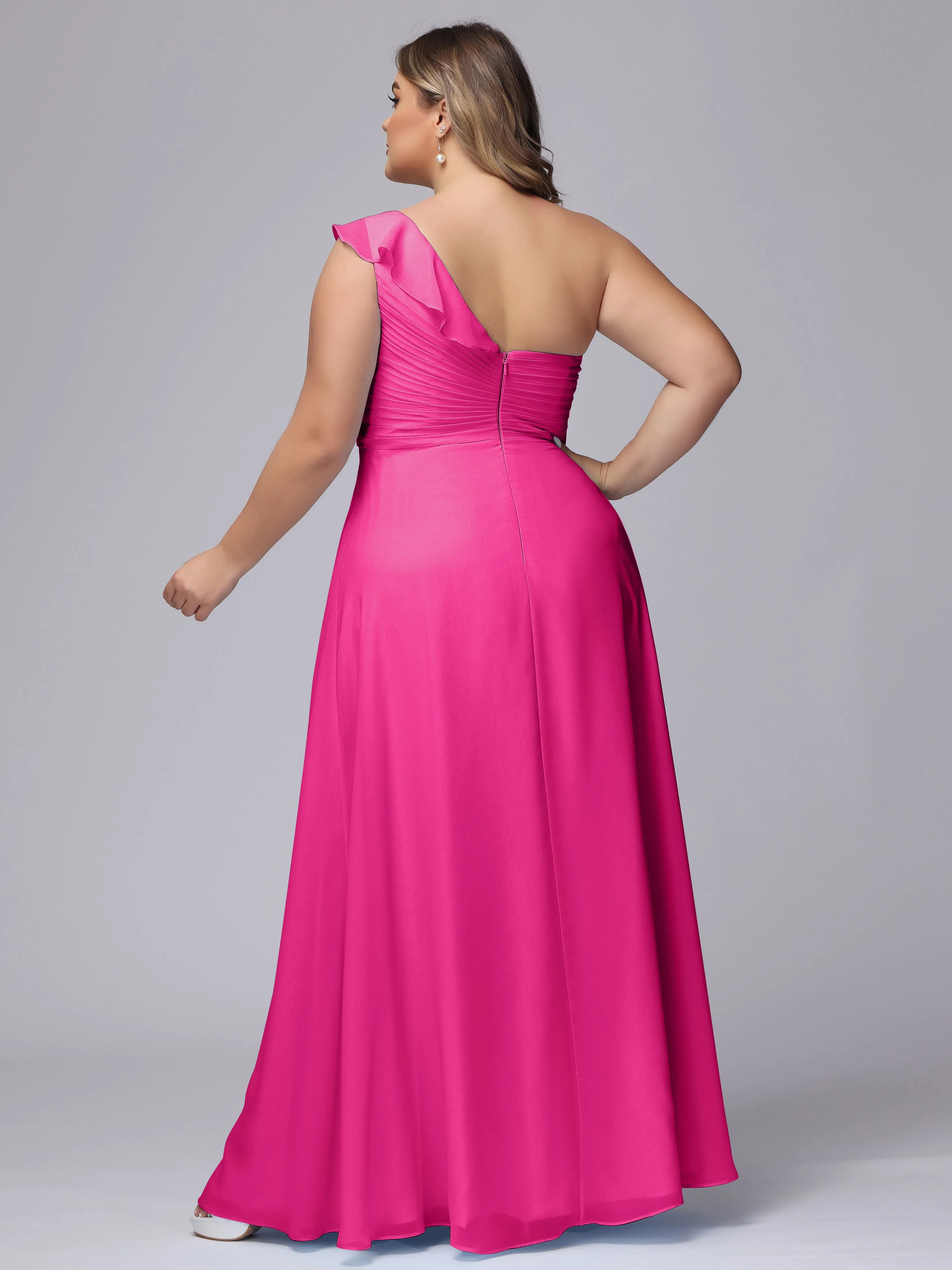 Flowy One-Shoulder Ruffles Chiffon Plus Size Bridesmaid Dresses