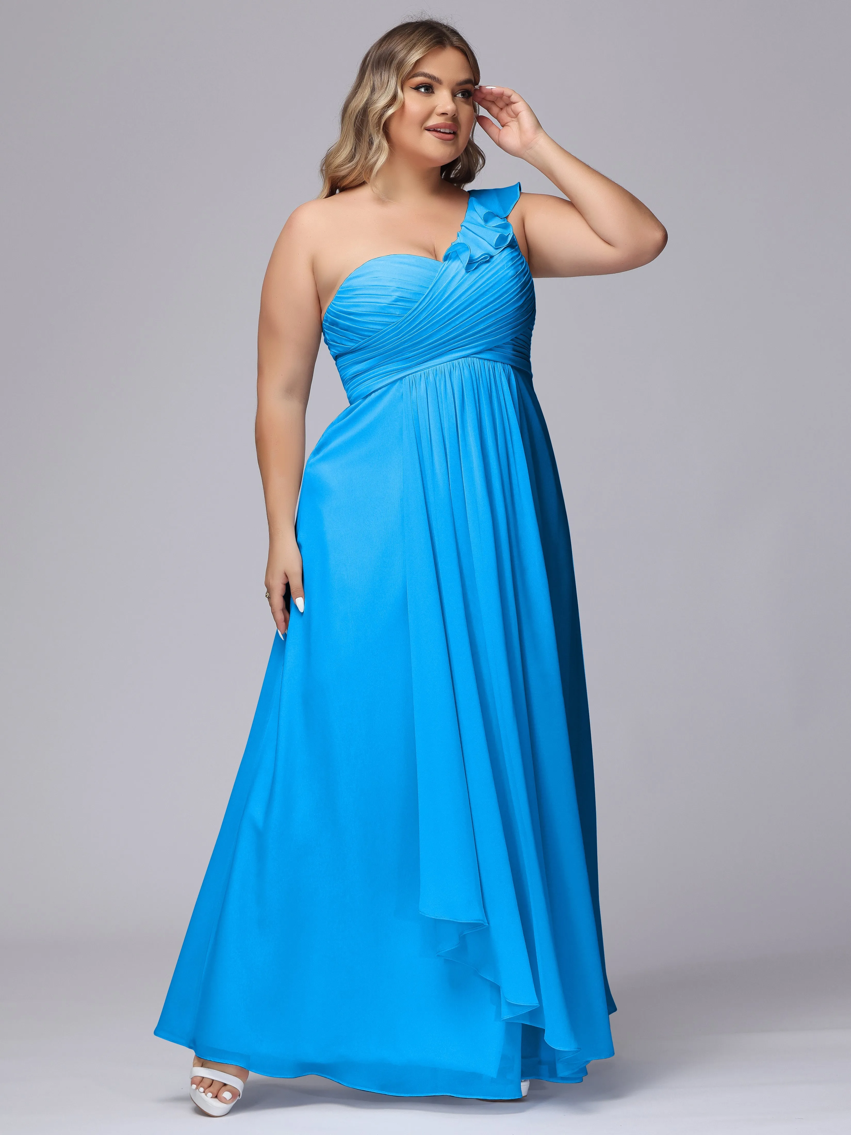 Flowy One-Shoulder Ruffles Chiffon Plus Size Bridesmaid Dresses