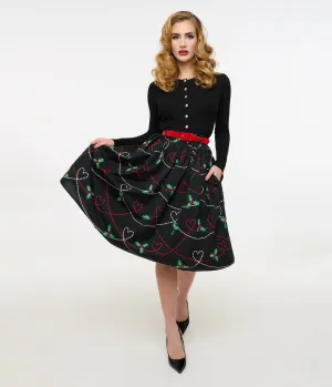 Hell Bunny 1950s Festive Hearts & Holly Print Angelica Swing Skirt