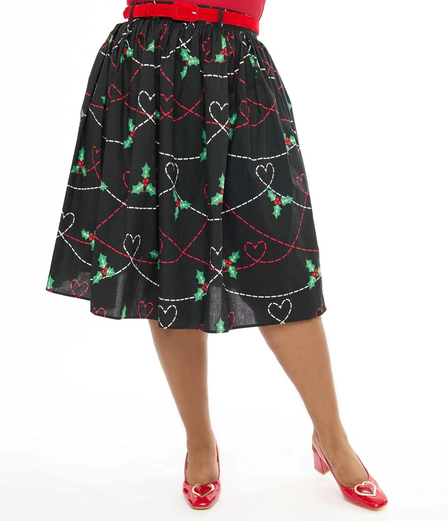 Hell Bunny Plus Size 1950s Festive Hearts & Holly Print Angelica Swing Skirt