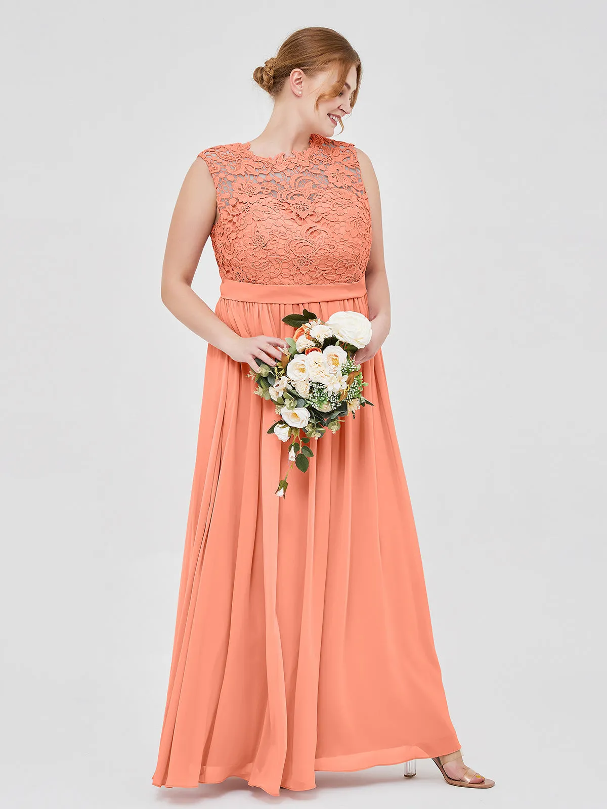 Illusion Neck Chiffon and Lace Dresses Sunset