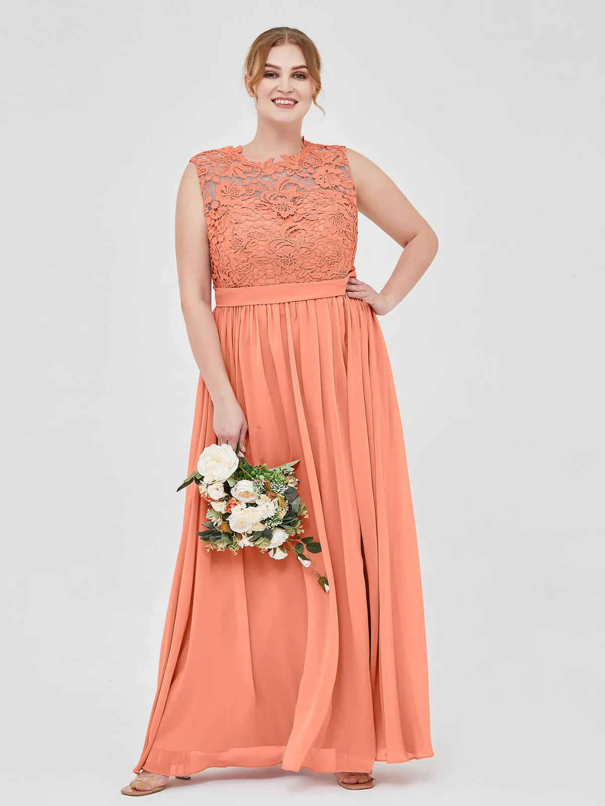 Illusion Neck Chiffon and Lace Dresses Sunset