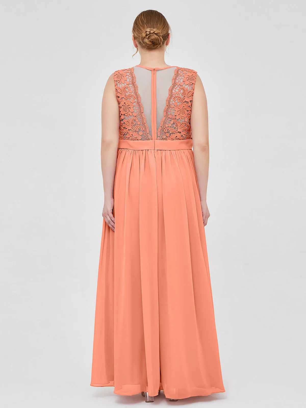 Illusion Neck Chiffon and Lace Dresses Sunset