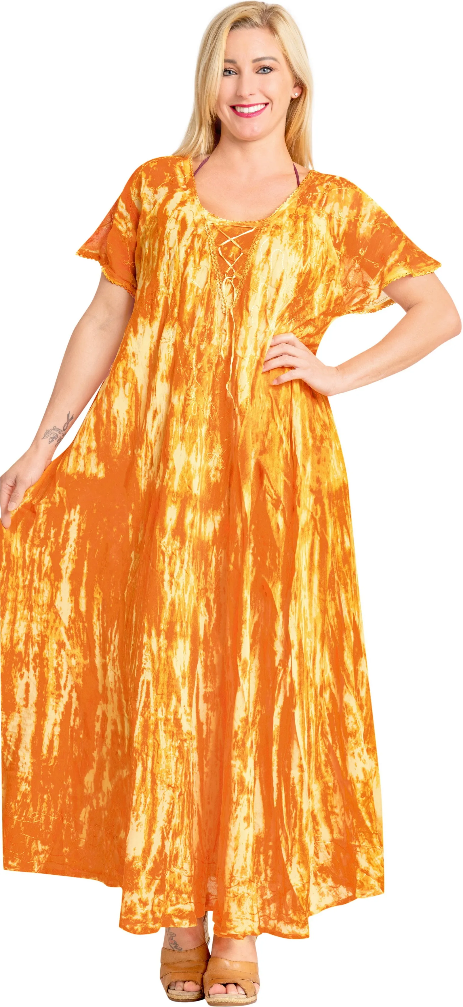 LA LEELA WOMEN'S Long Rayon Tie Dye Beach Dress OSFM 14-16W [L- 1X] Orange_3550