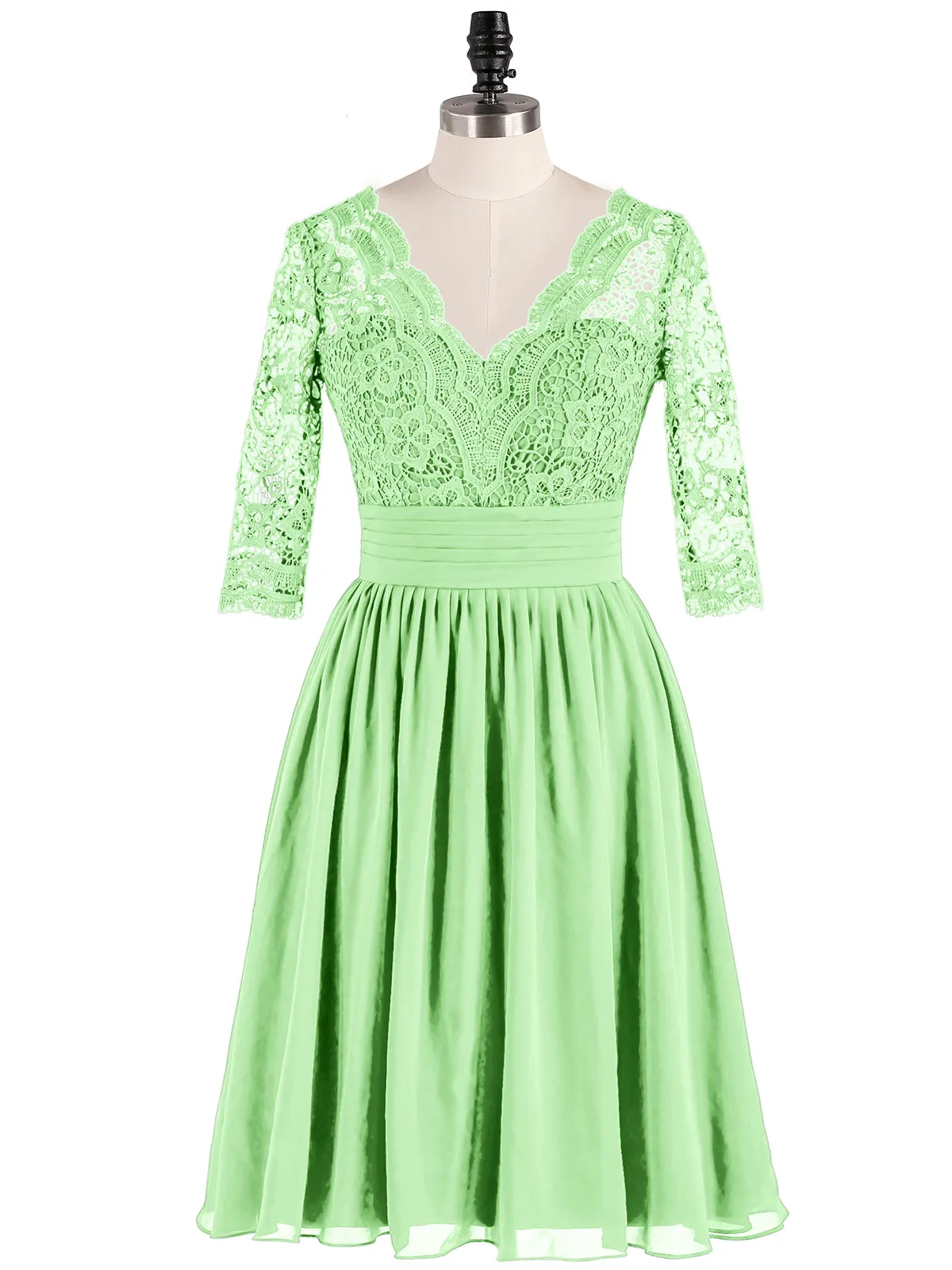 Lace and Chiffon Short Dress with Half Sleeves Sage