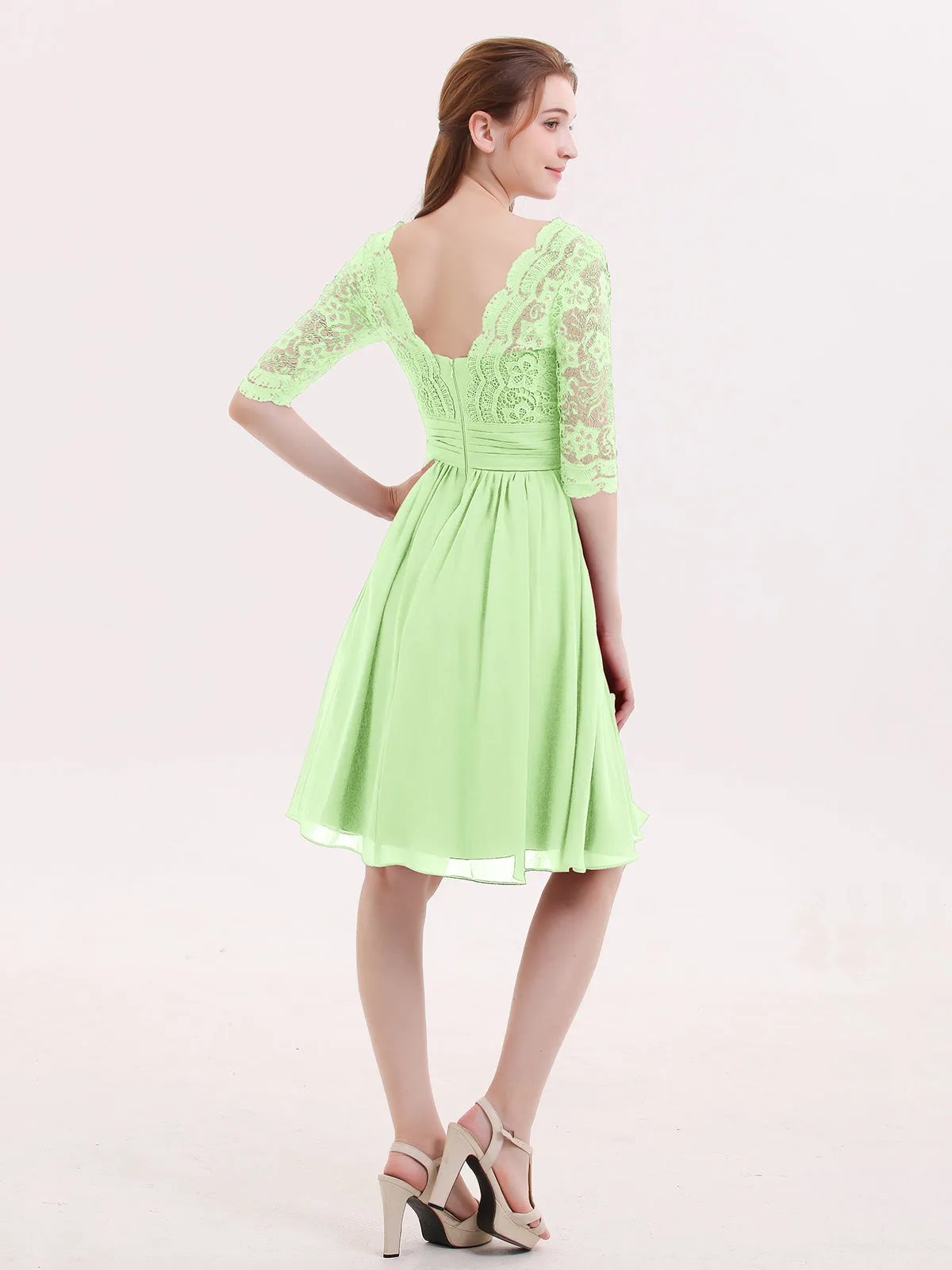 Lace and Chiffon Short Dress with Half Sleeves Sage