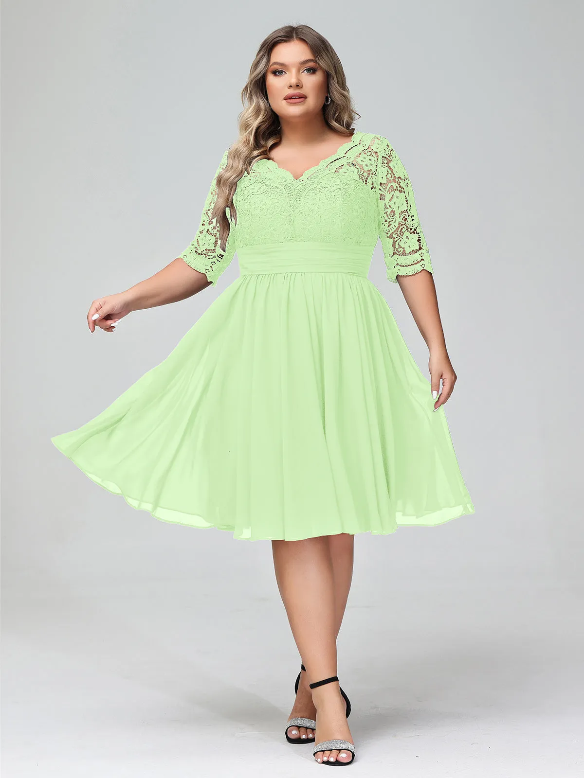 Lace and Chiffon Short Dress with Half Sleeves Sage