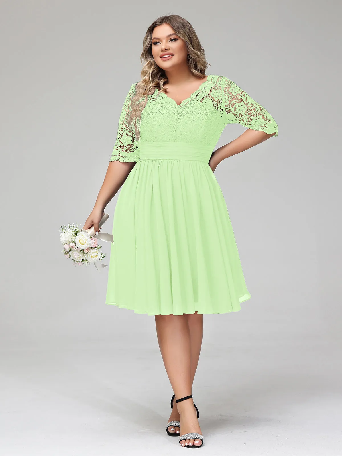 Lace and Chiffon Short Dress with Half Sleeves Sage