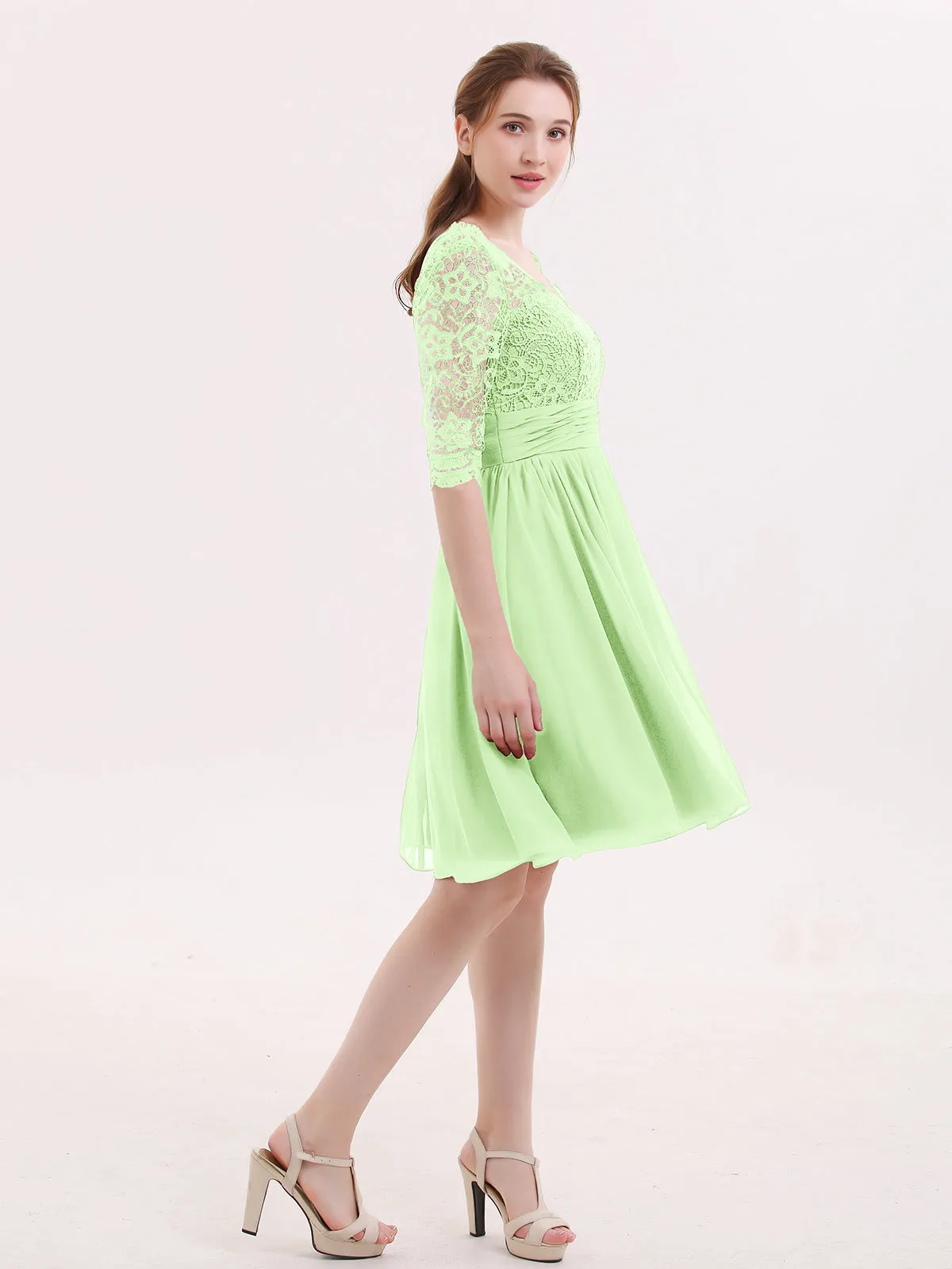 Lace and Chiffon Short Dress with Half Sleeves Sage