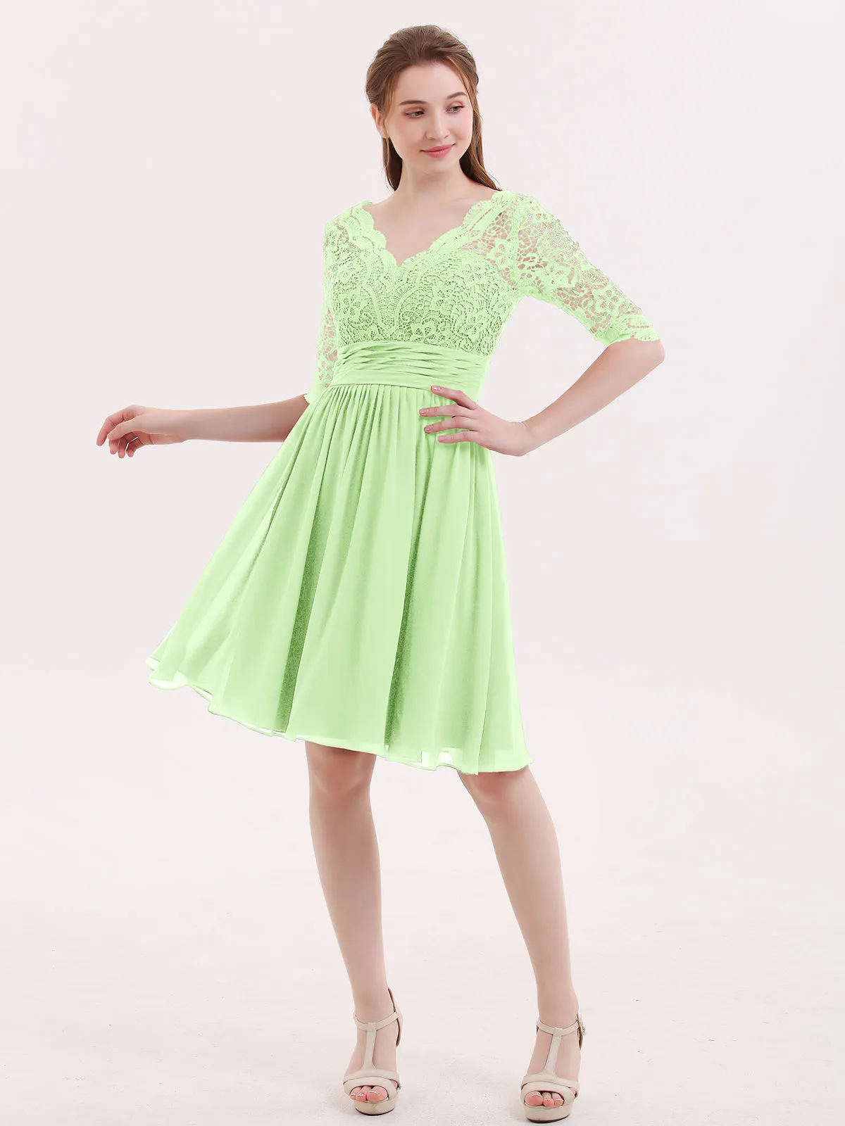 Lace and Chiffon Short Dress with Half Sleeves Sage