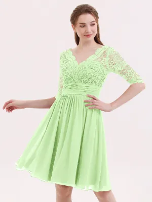 Lace and Chiffon Short Dress with Half Sleeves Sage