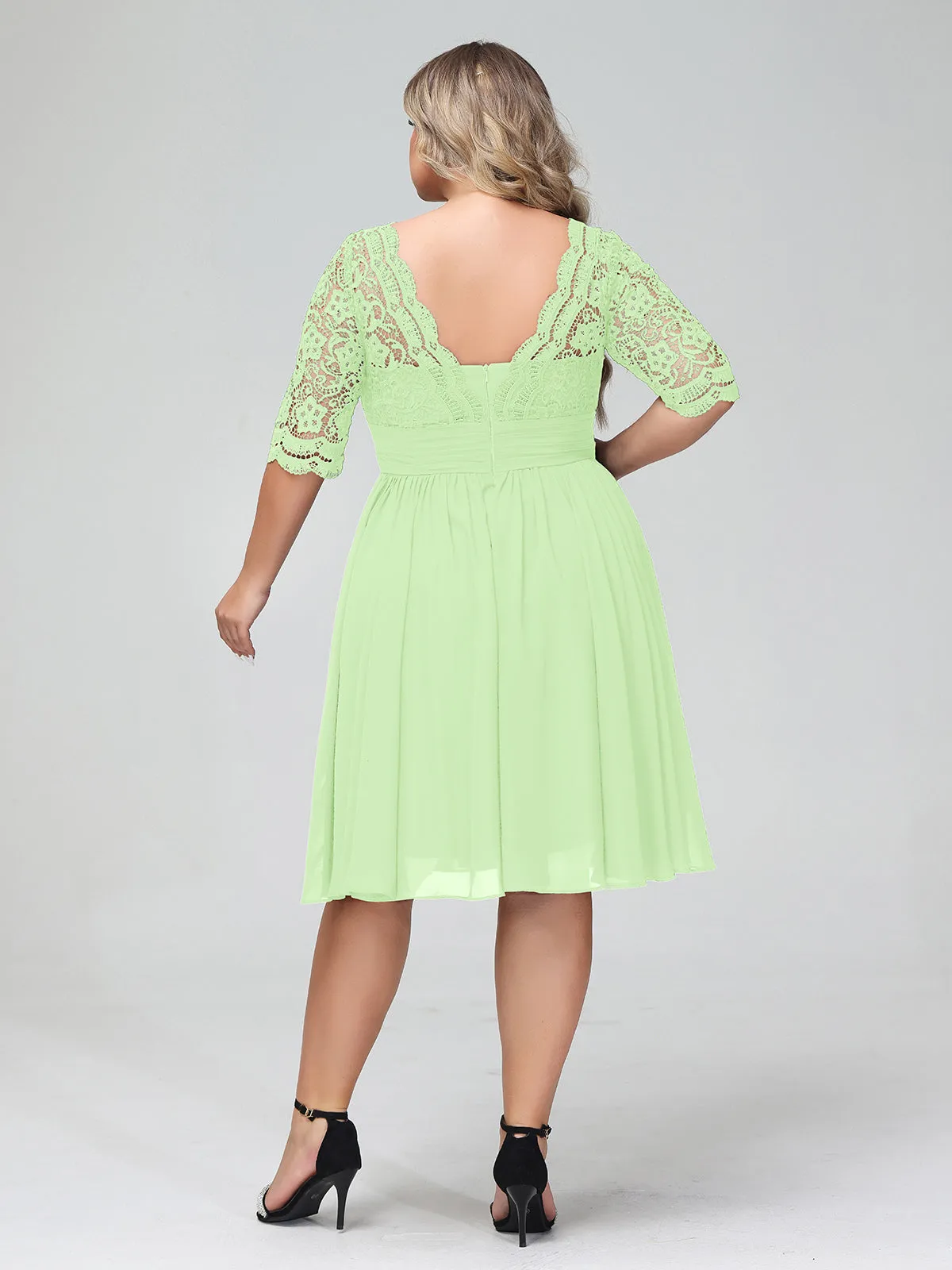 Lace and Chiffon Short Dress with Half Sleeves Sage