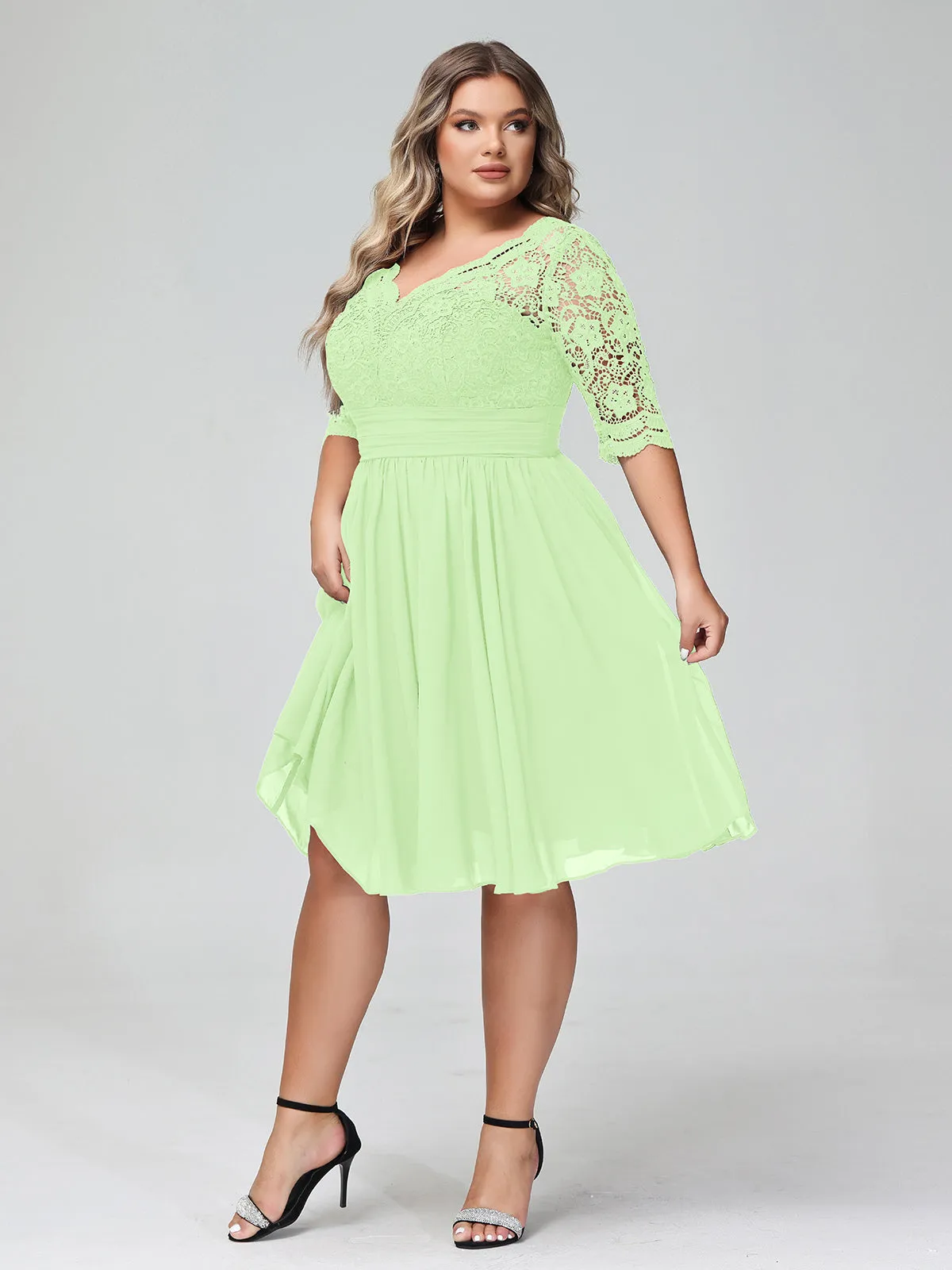 Lace and Chiffon Short Dress with Half Sleeves Sage