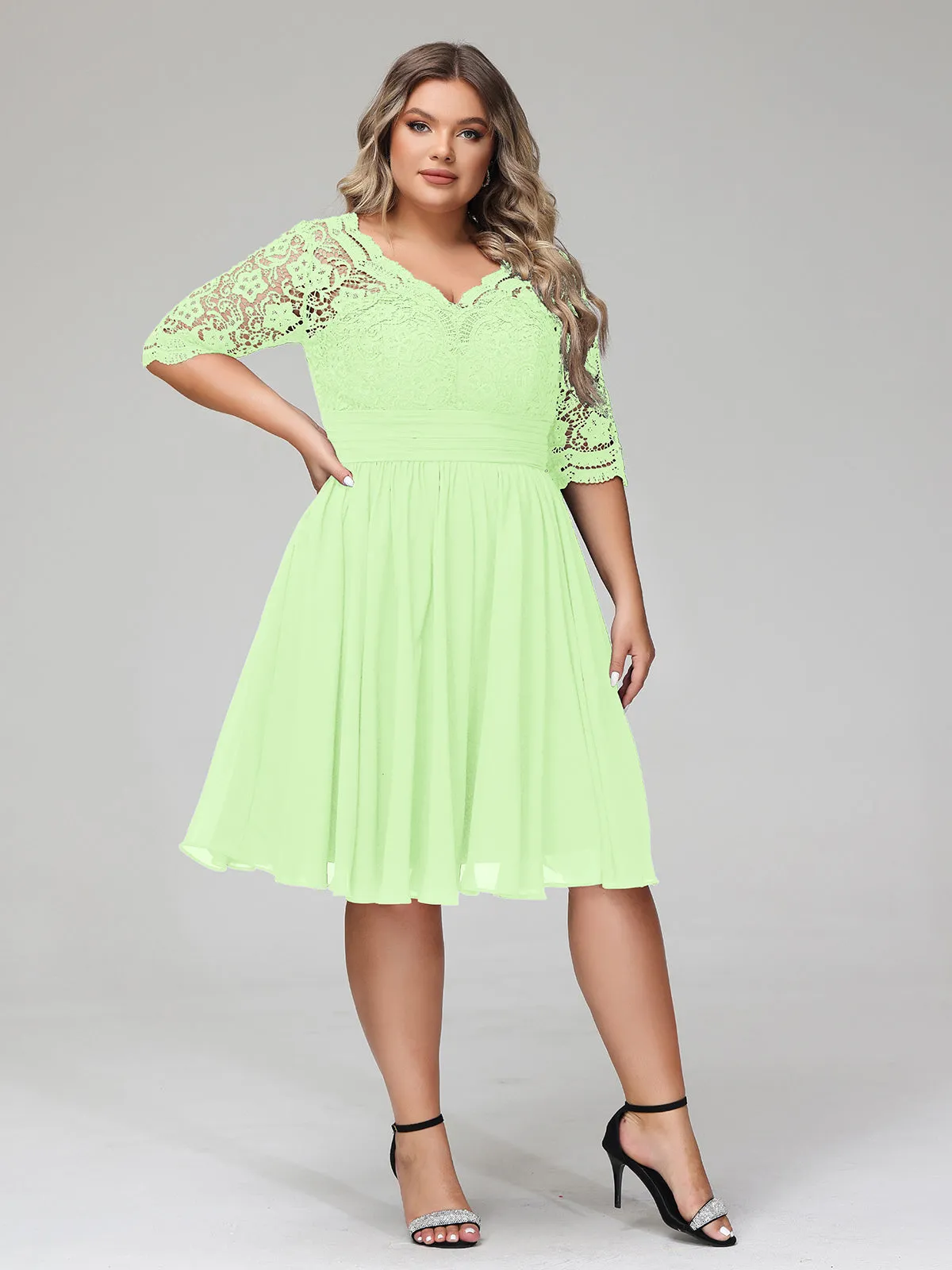 Lace and Chiffon Short Dress with Half Sleeves Sage