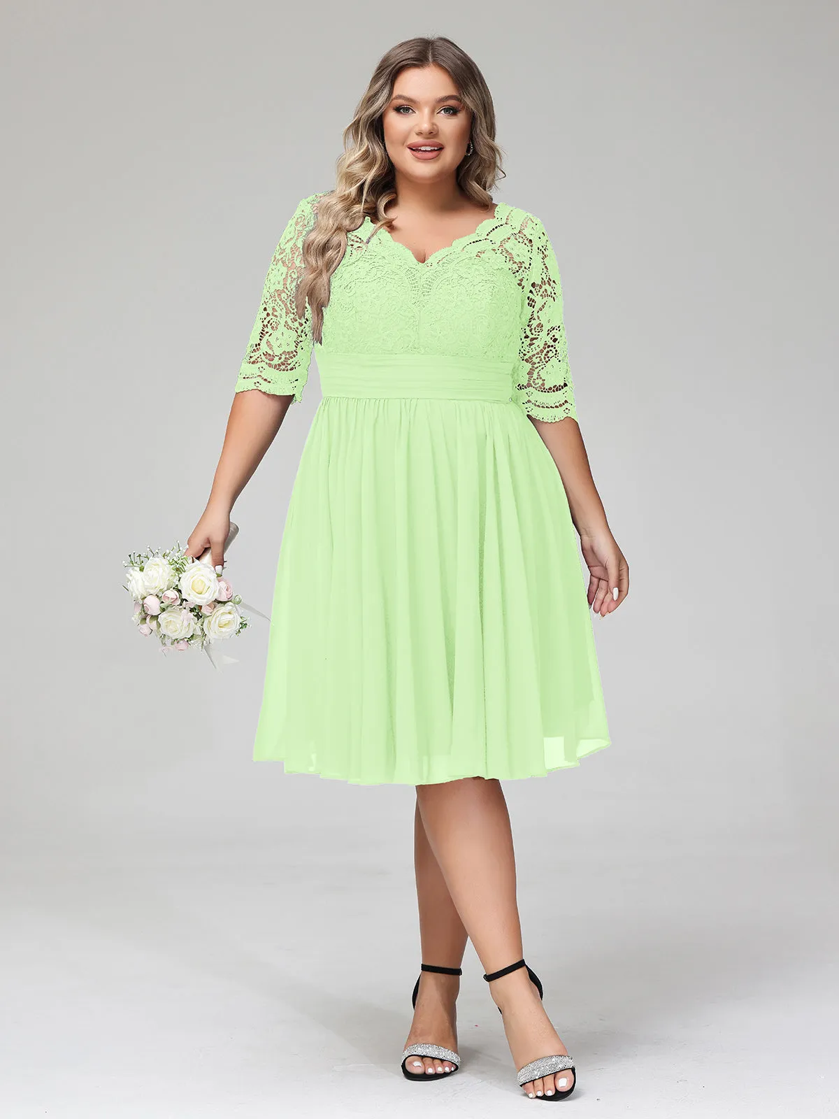 Lace and Chiffon Short Dress with Half Sleeves Sage