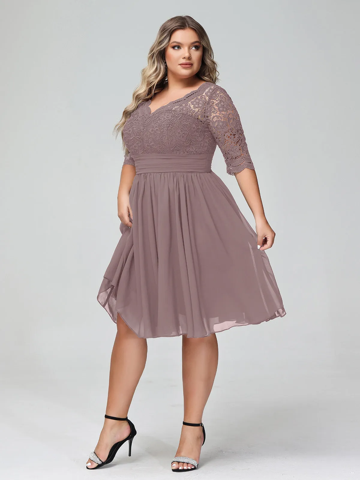 Lace and Chiffon Short Dress with Half Sleeves Vintage Mauve