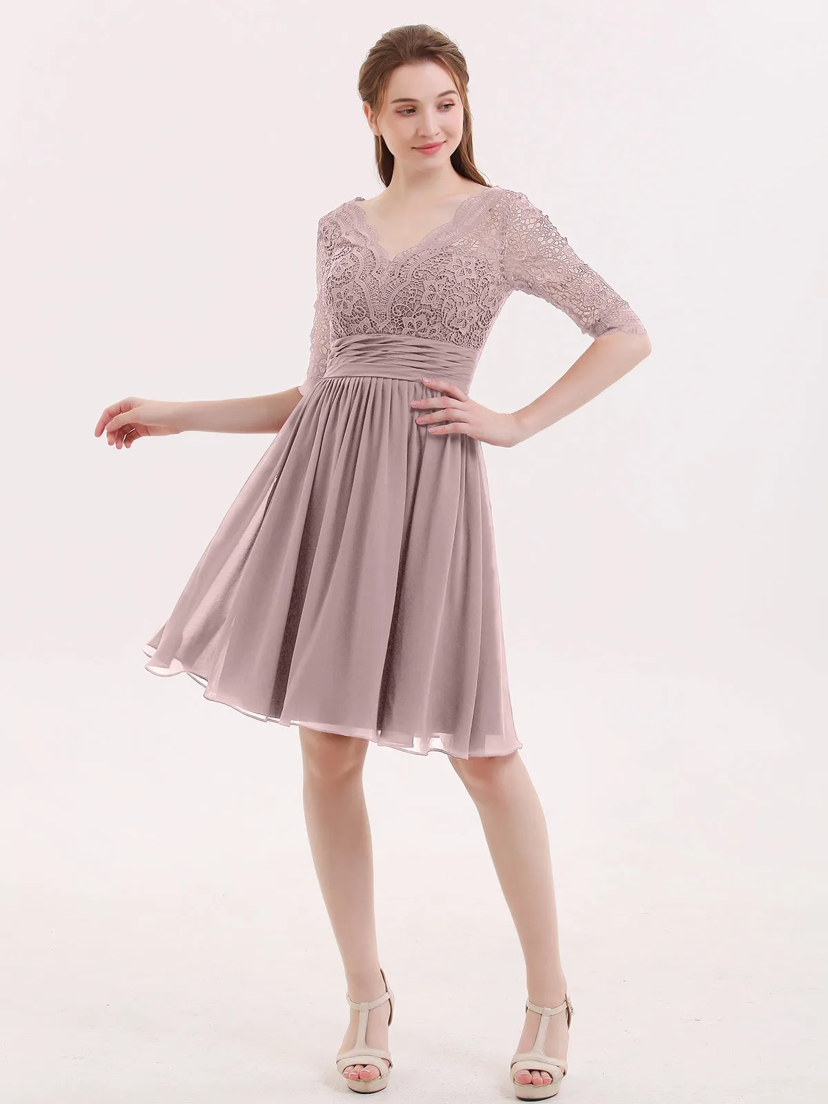 Lace and Chiffon Short Dress with Half Sleeves Vintage Mauve