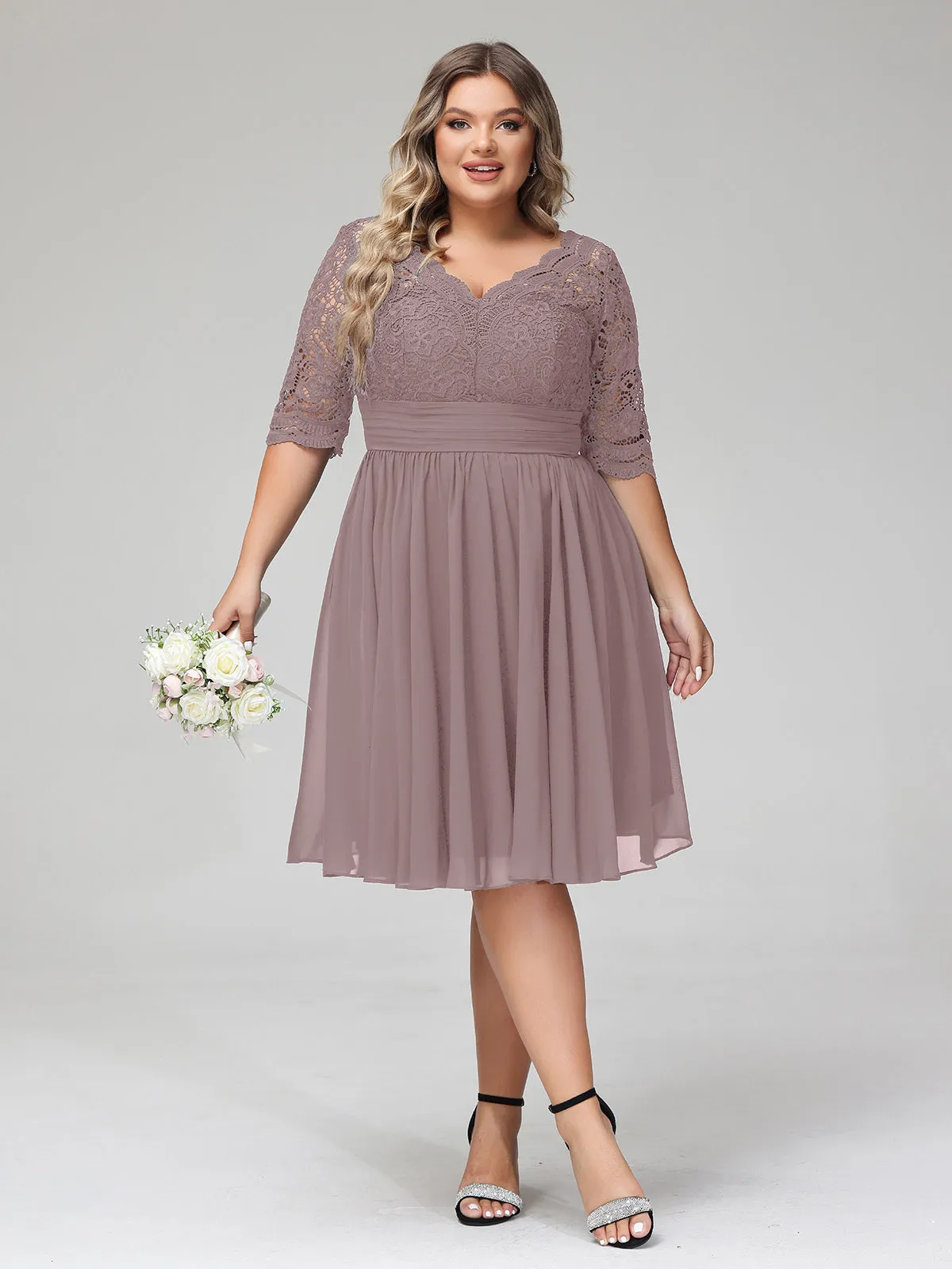 Lace and Chiffon Short Dress with Half Sleeves Vintage Mauve