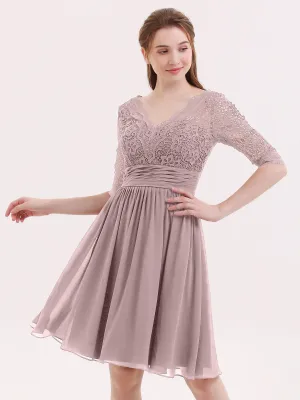 Lace and Chiffon Short Dress with Half Sleeves Vintage Mauve