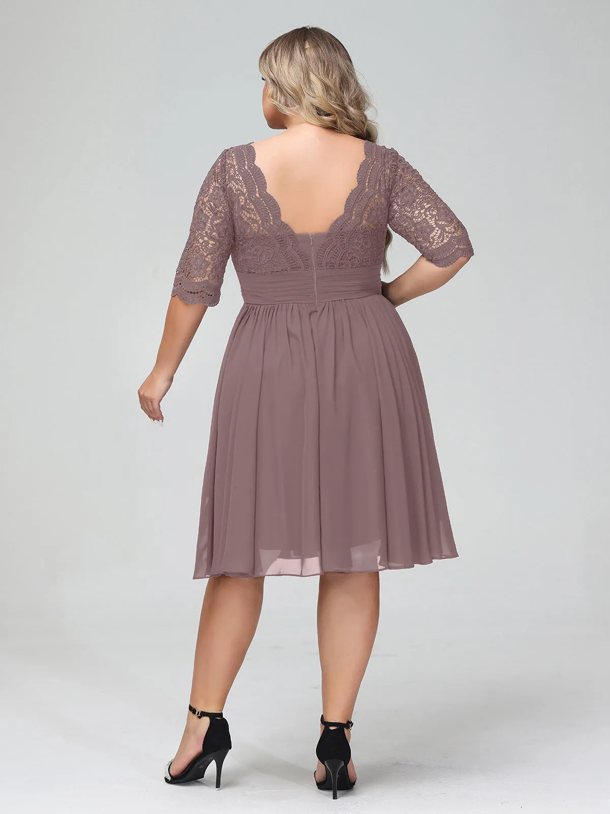 Lace and Chiffon Short Dress with Half Sleeves Vintage Mauve