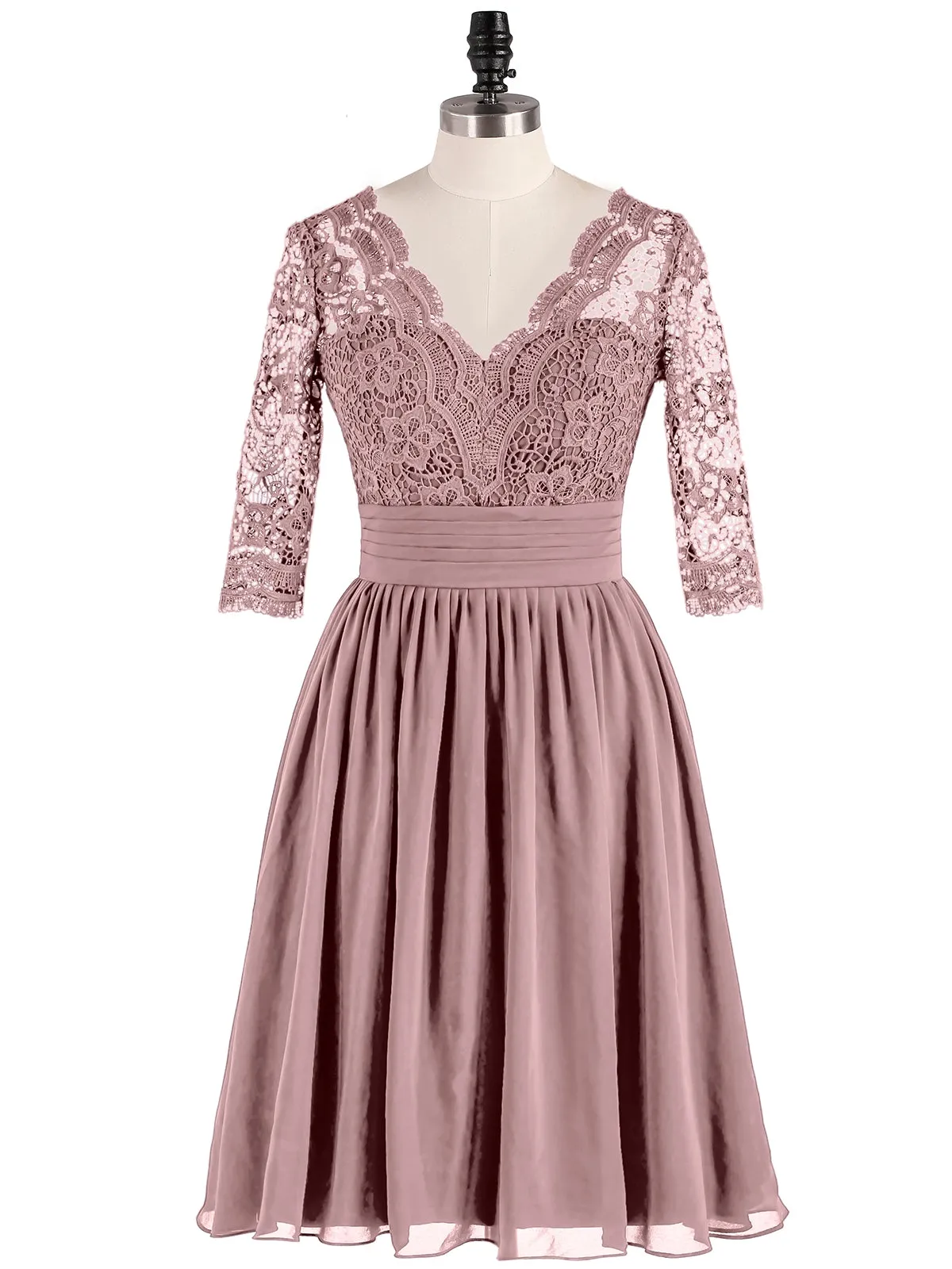 Lace and Chiffon Short Dress with Half Sleeves Vintage Mauve