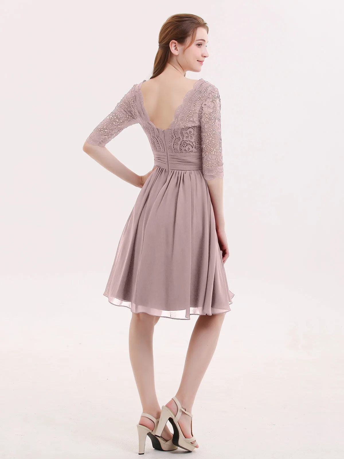 Lace and Chiffon Short Dress with Half Sleeves Vintage Mauve