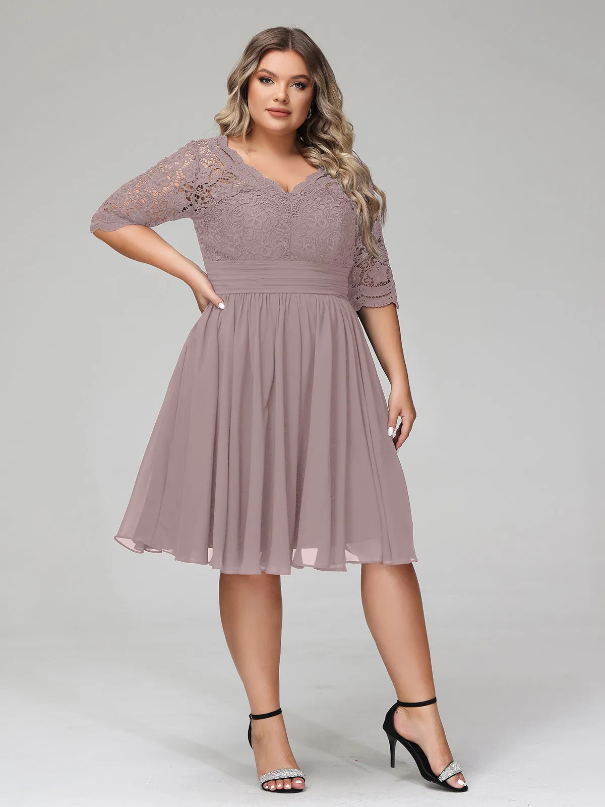 Lace and Chiffon Short Dress with Half Sleeves Vintage Mauve