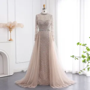 Luxury Champagne Long Sleeves Evening Dress with Overskirt SS173