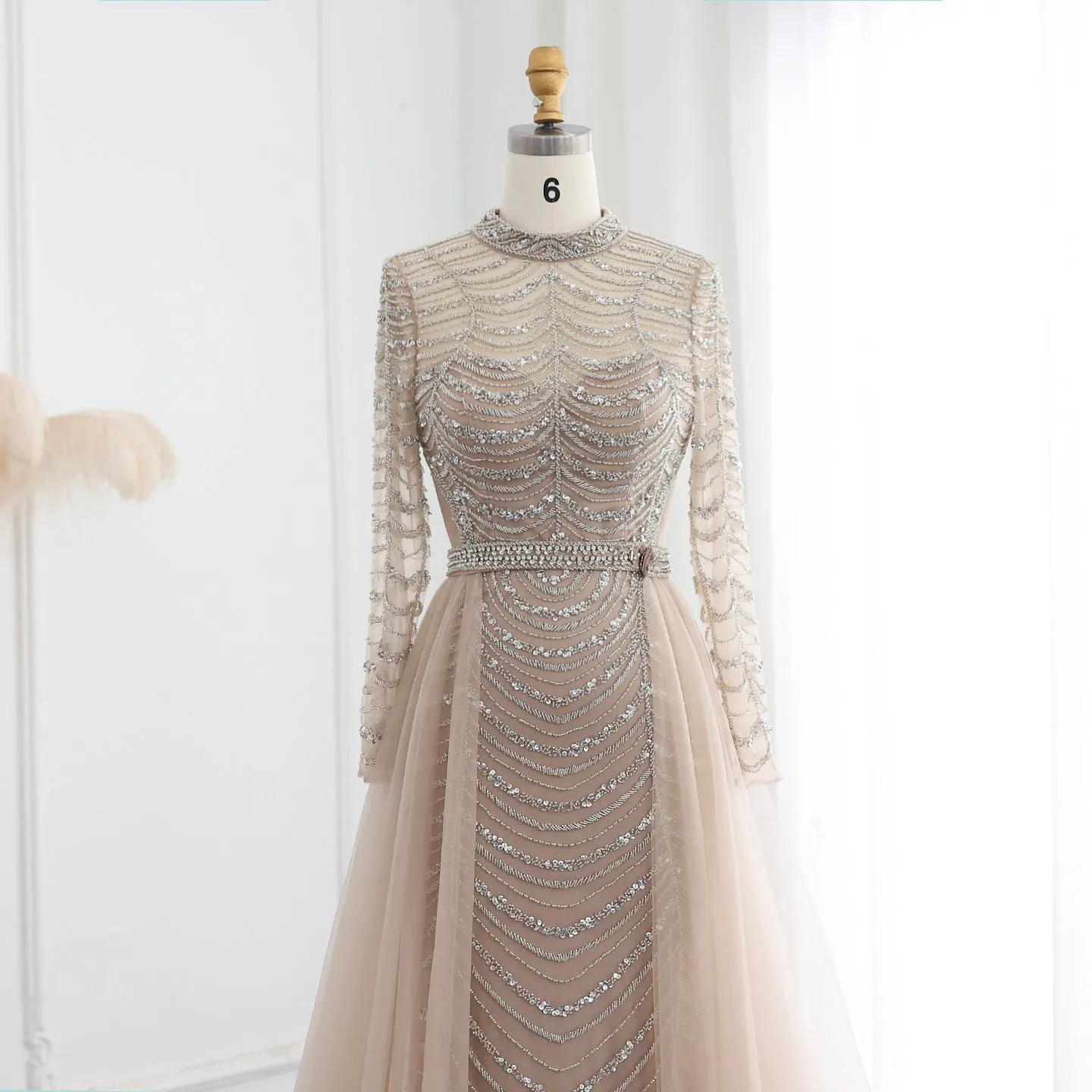 Luxury Champagne Long Sleeves Evening Dress with Overskirt SS173