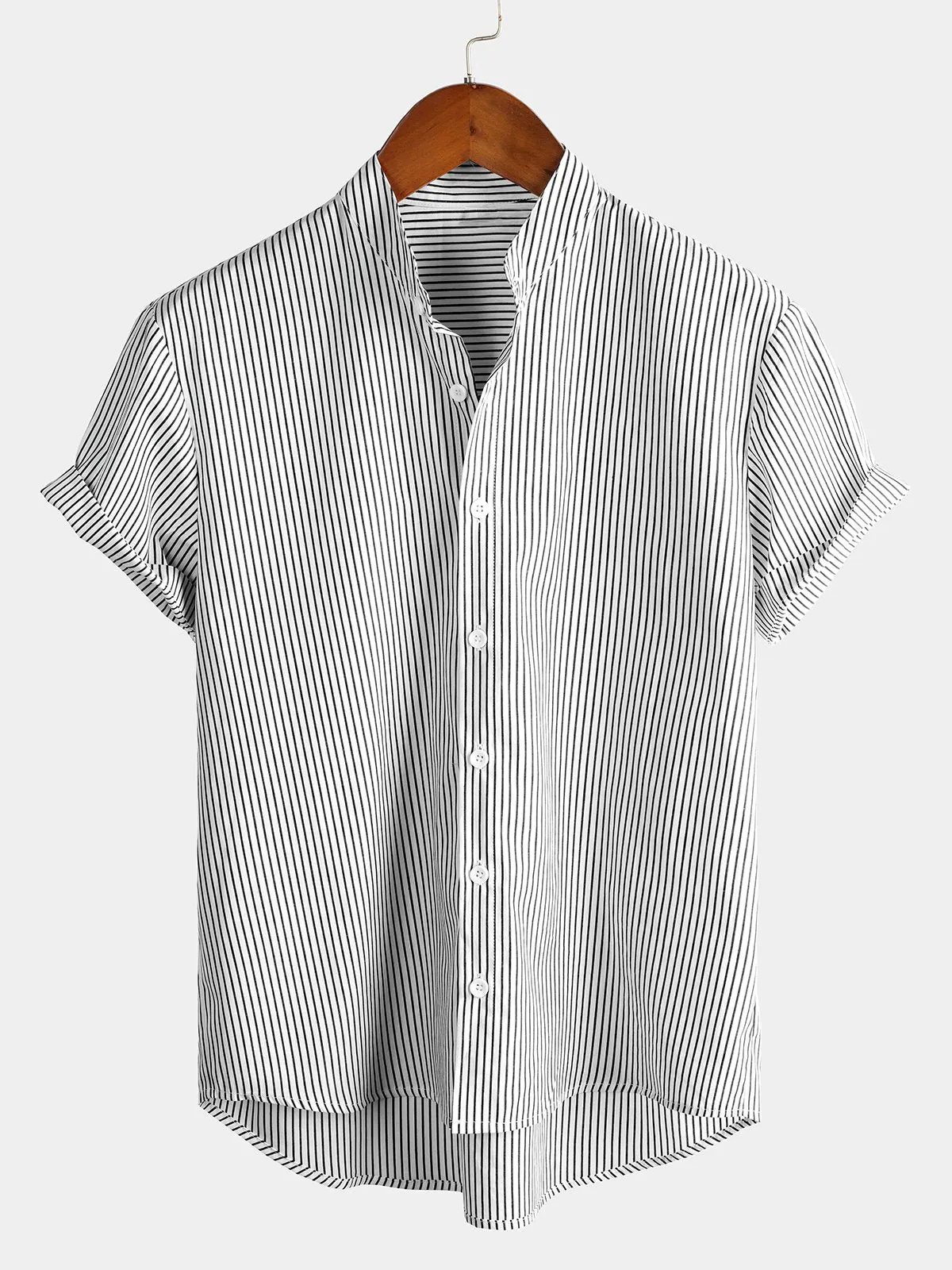 Men's Breathable Cotton Stand Collar Short Sleeve Striped Classic Shirts