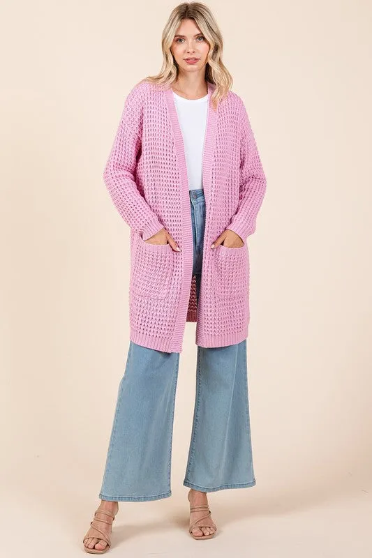 Pink Open Front Long Sleeve Longline Cardigan