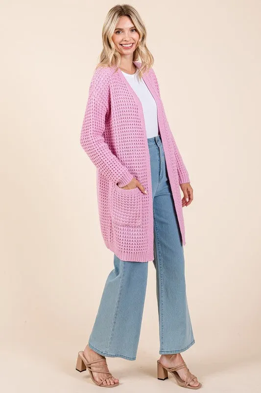 Pink Open Front Long Sleeve Longline Cardigan